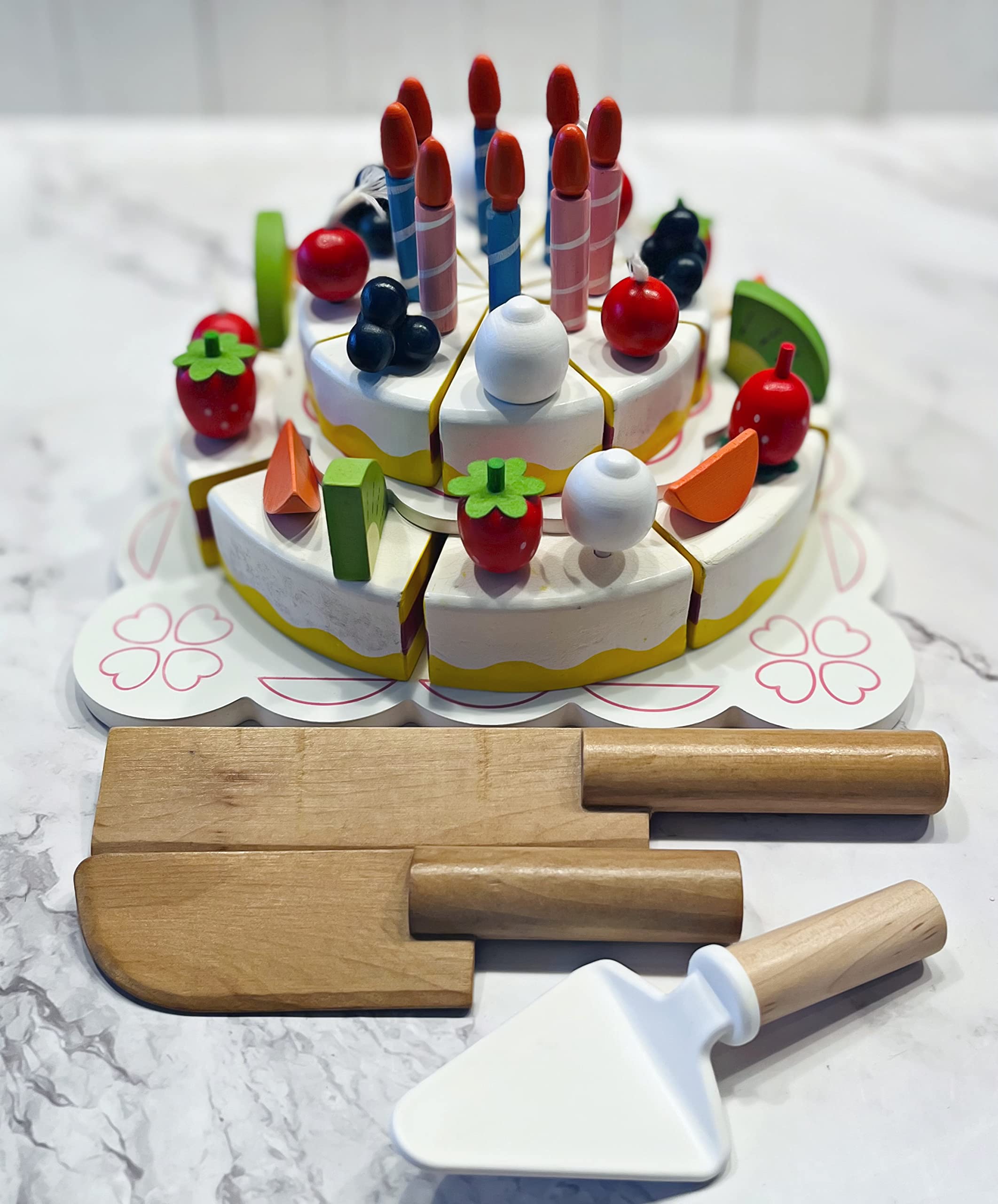 2 Tier Fake Wood Birthday Cake Set - White Decorative Cake with Fruit & Candles for Wedding, Baby Shower & Party Decorations