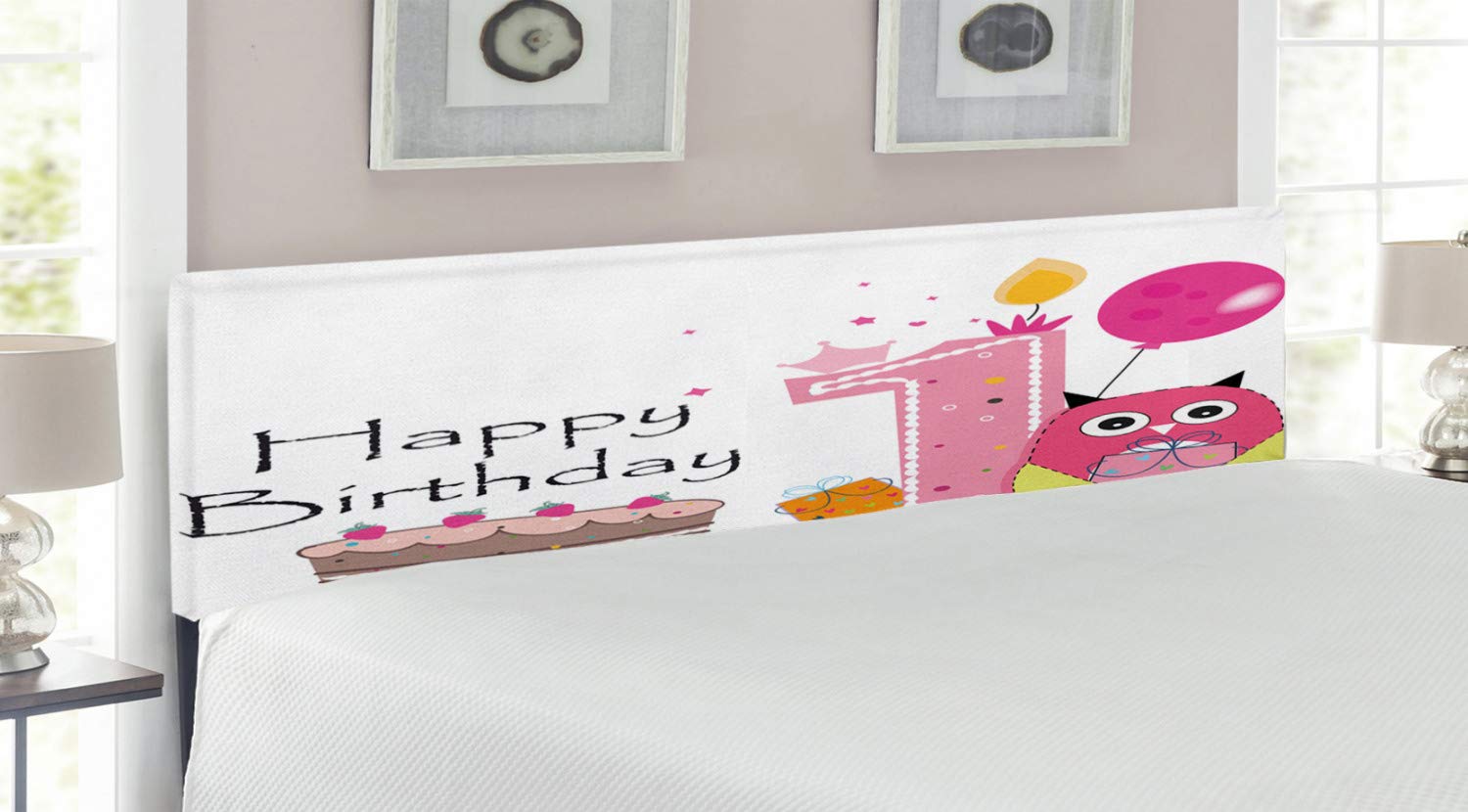 Ambesonne 1st Birthday Headboard - King Size Upholstered Decorative Metal Bed Frame with Memory Foam, Brown Hot Pink & Pink Cartoon Owl Design | Perfect for Baby's First Birthday Surprise & Nursery Decor