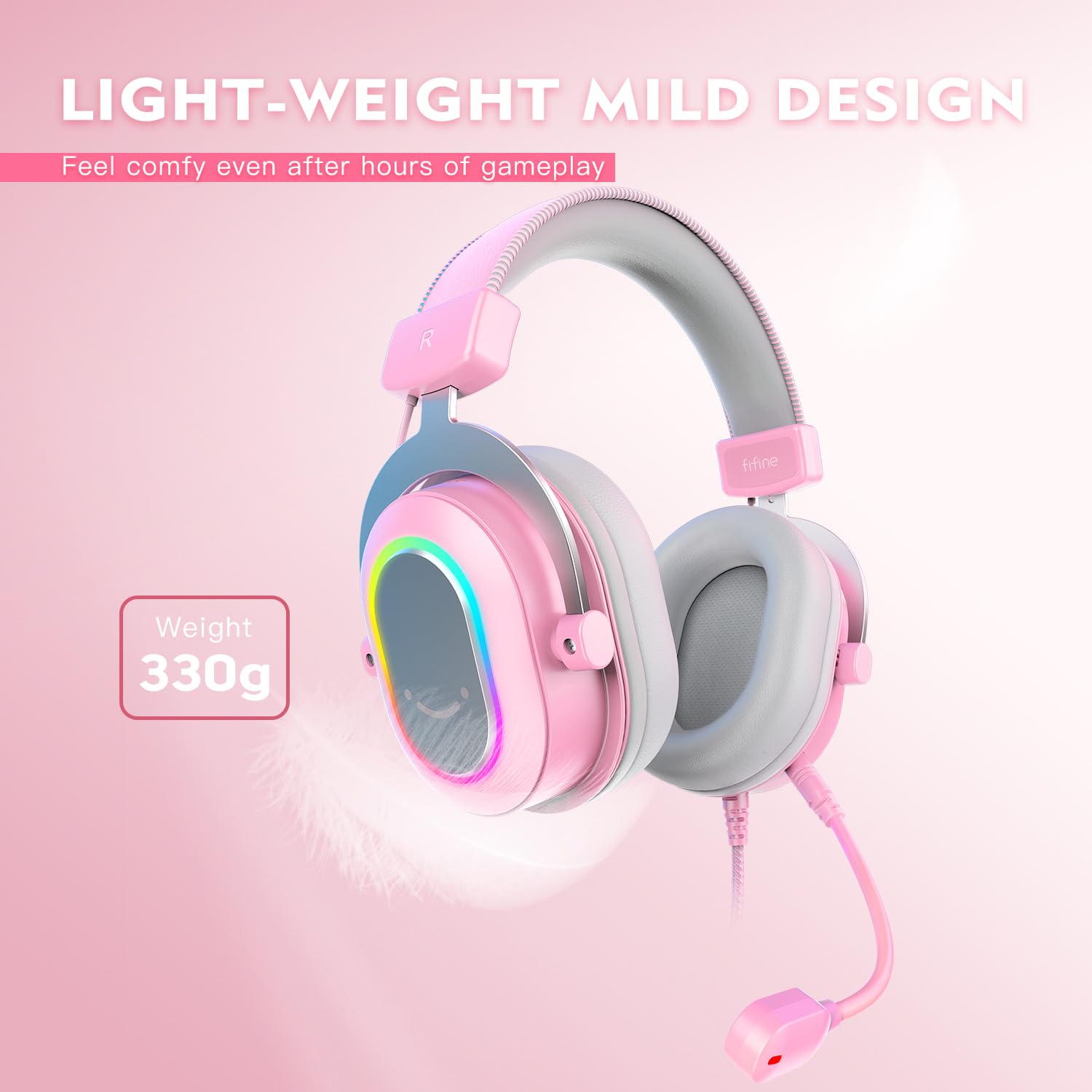 FIFINE PC Gaming Headset with Microphone - USB Wired 7.1 Surround Sound Headphones with RGB Lights & In-Line Controls for PS4/PS5, Streaming, Gaming, Video Calls - Over-Ear Design (Pink) | Perfect for Online Gaming, Live Streaming & Remote Work