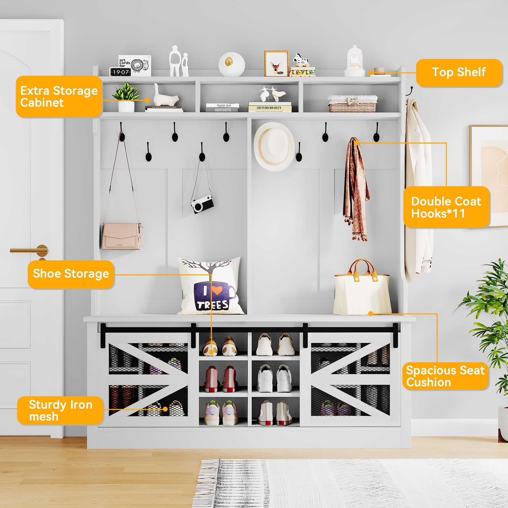 Farmhouse Entryway Hall Tree with Shoe Storage & Coat Rack - Freestanding Bench with 16 Shoe Cubbies & 12 Hooks - White Sliding Barn Door Organizer for Entryway, Mudroom, or Hallway - Perfect for Storing Shoes, Coats, and Accessories