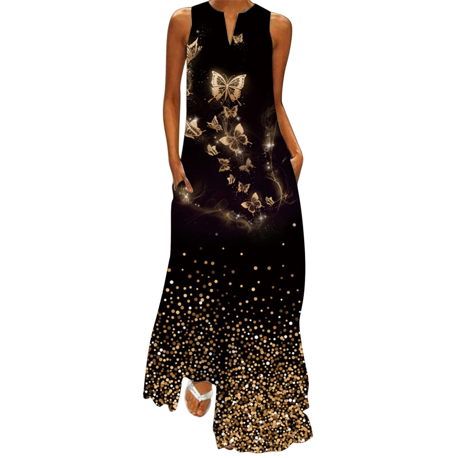 Boho Beach Maxi Dress for Women - Summer Sleeveless V-Neck Loose Flowy Plus Size Dress with Pockets | Casual Vacation, Poolside, and Outdoor Party Wear