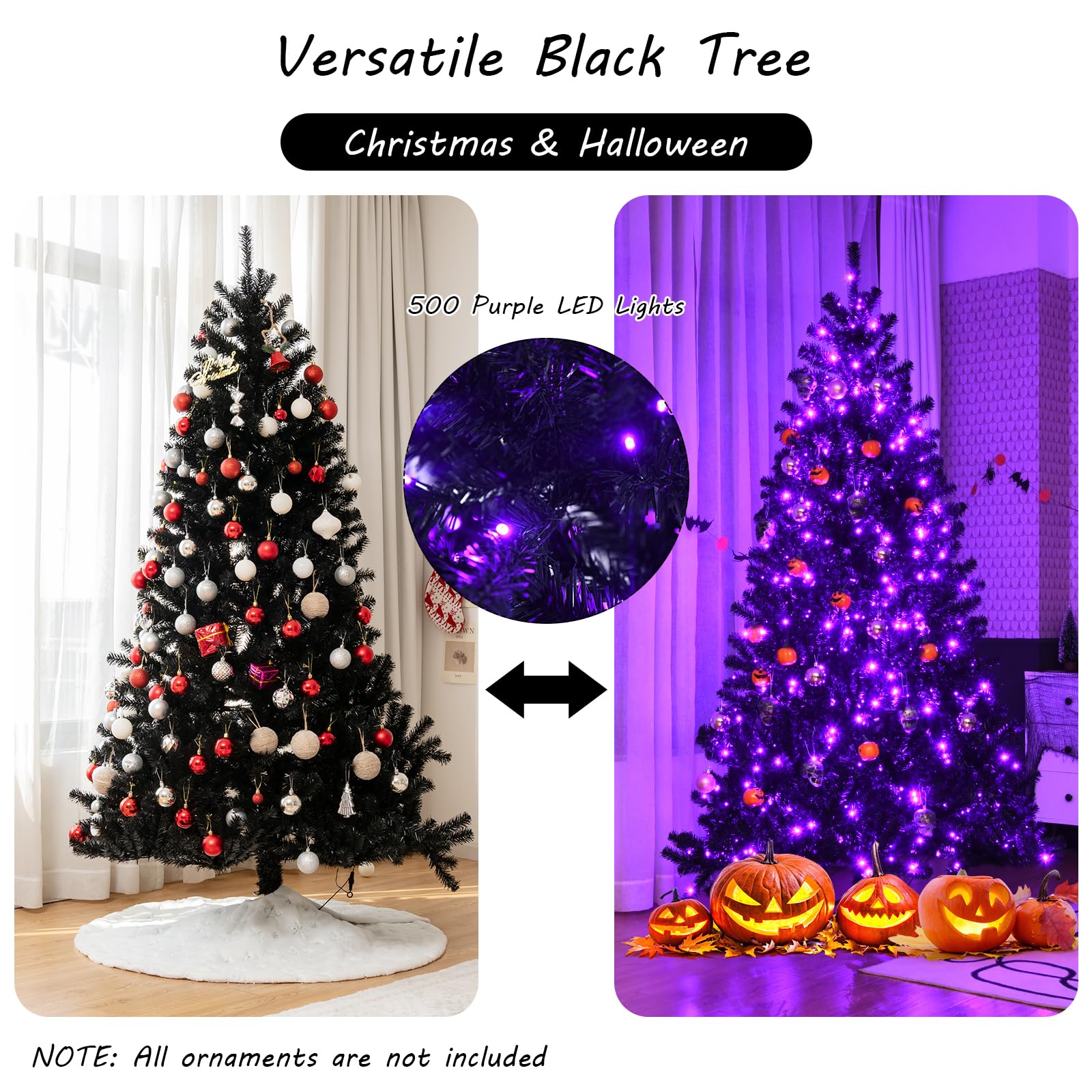 Happygrill 7 Ft Artificial Christmas Tree with 500 Purple LED Lights - 1096 Branch Tips, Foldable Metal Stand & Hinged Design for Halloween & Xmas Decor | Indoor & Outdoor Holiday Party, Home, Office Decoration