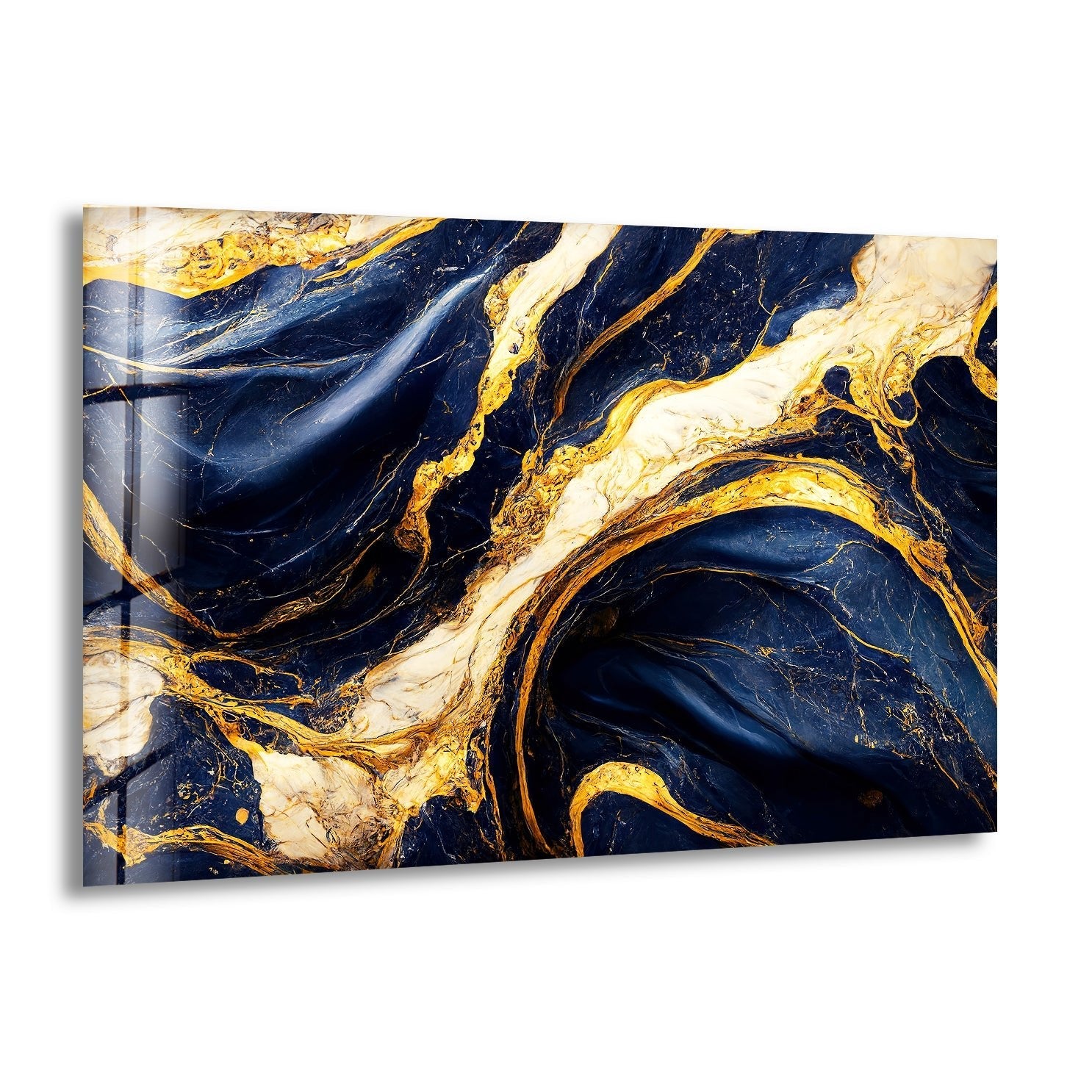 Abstract Marble Dark Blue and Gold Glass Wall Art - Modern Home Decor for Living Room, Bedroom & Office - Elegant Handmade Glass Painting for Wall Display
