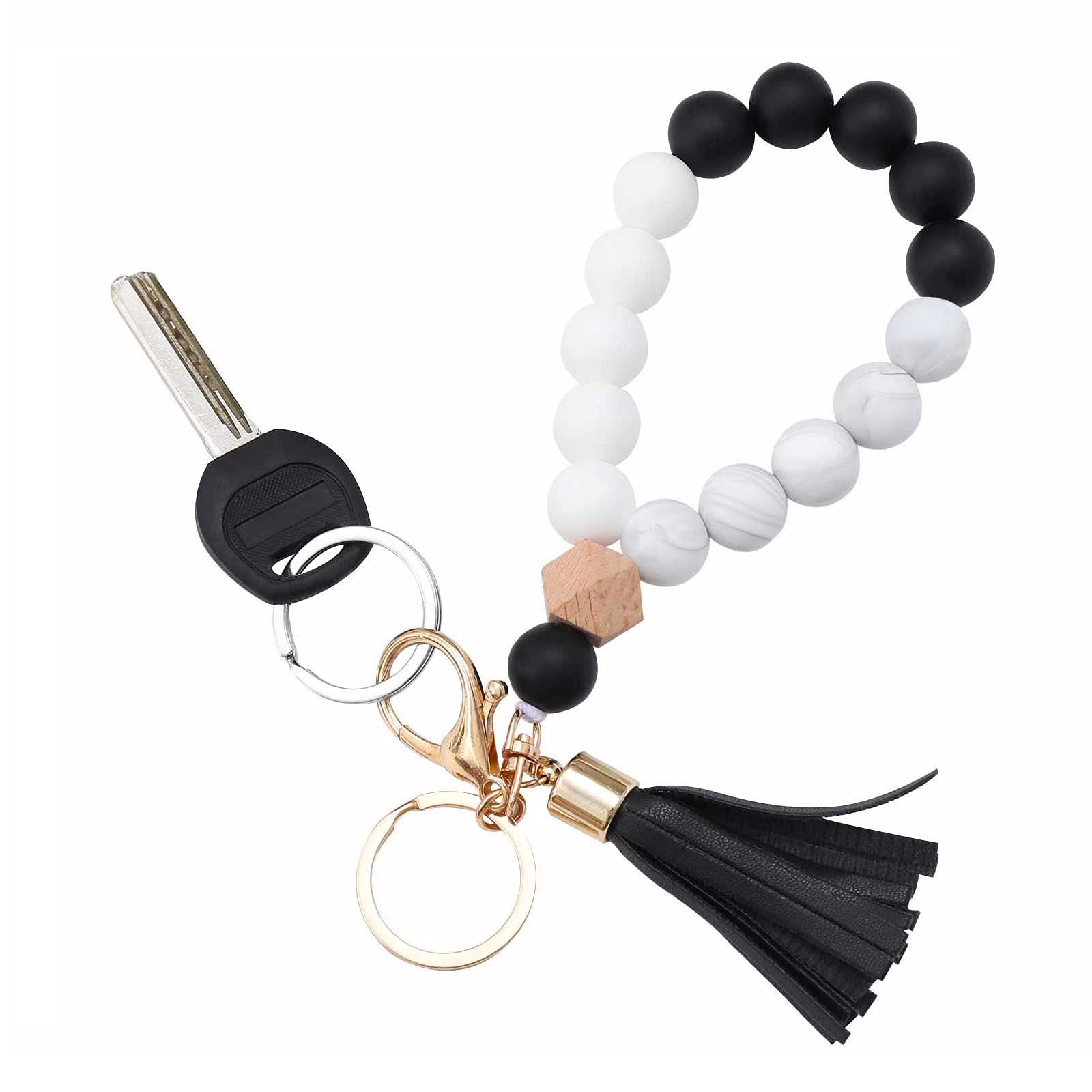 Stylish Silicone Key Ring Bracelet with Leather Tassel - Beaded Wristlet Keychain for Women | Perfect for Key Organization, Fashion Accessories & Everyday Use