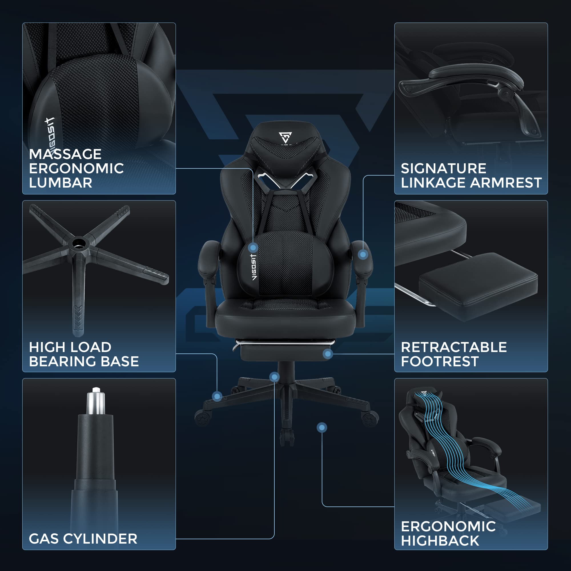 Premium Ergonomic Gaming Chair for Heavy Adults - Reclining Office Desk Chair with Lumbar Support, Footrest & Massage Function - Big & Tall Mesh Computer Chair with Cushion (Black) - Perfect for Long Gaming Sessions, Work from Home & Office Comfort