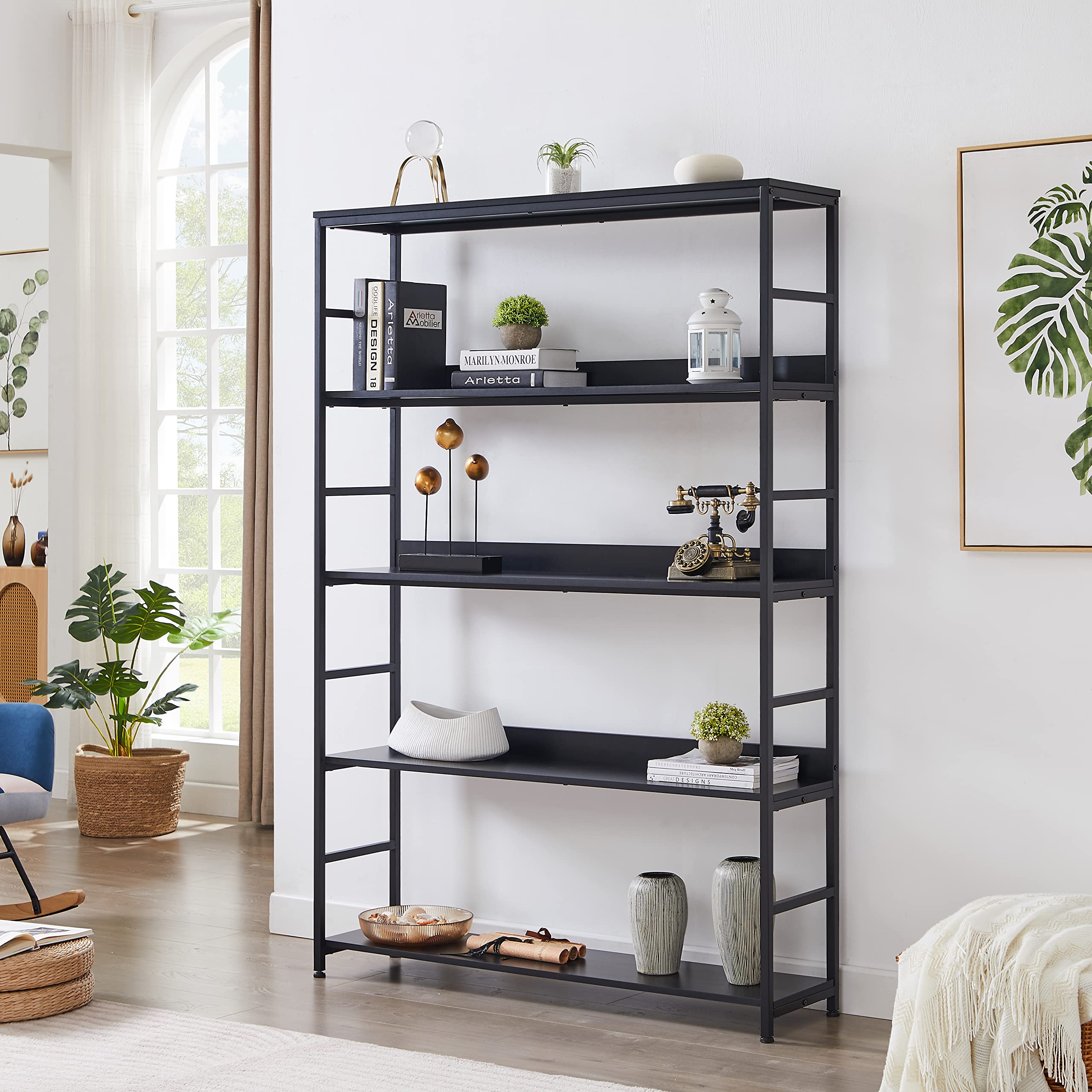 Merax 5-Tier Open Bookcase - 68.9 Inch Tall Bookshelf with Metal Frame for Home Office, Living Room & Bedroom Storage (Black) - Perfect for Organizing Books, Decor & Essentials in Modern Spaces