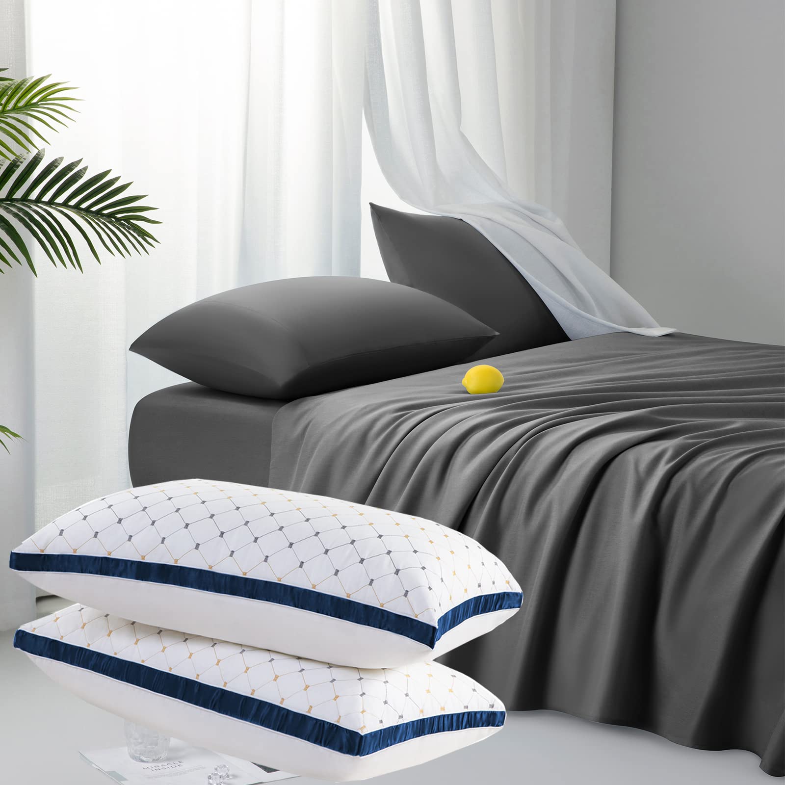 LERO2M King Size Pillow Set of 2 & 100% Bamboo Sheet Set 4-Piece - Dark Grey | Ultra Soft Cooling Bedding for Hot Sleepers & Luxury Hotel Style Bedroom