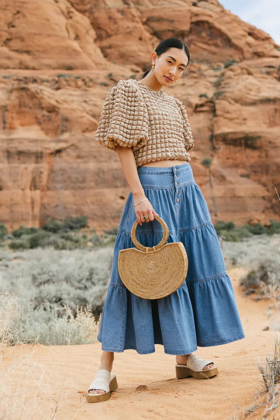 Joannie Tiered Denim Skirt for Women - Distressed Vintage High Waist A-Line Skirt | Perfect for Casual Outfits, Summer Dresses & Boho Style