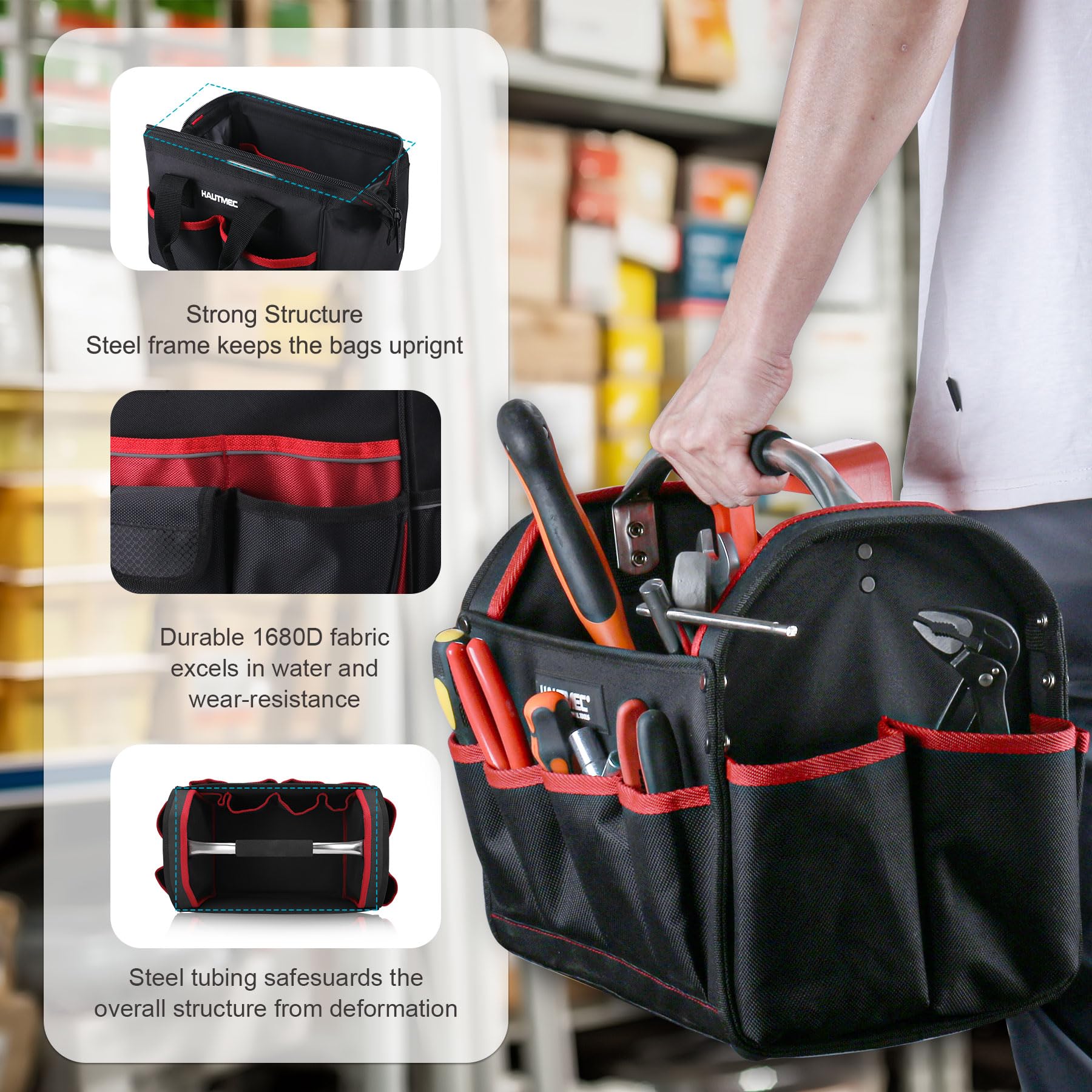 HAUTMEC 3-Piece Rolling Tool Bag Set – 18” Wheeled Tool Bag, 15” Electrician Tool Tote & 12” Wide Mouth Bag, 1680D Water-Resistant Heavy-Duty Portable Tool Storage Organizer – Perfect for Electricians, Contractors & DIY Home Improvement Projects – HT0287