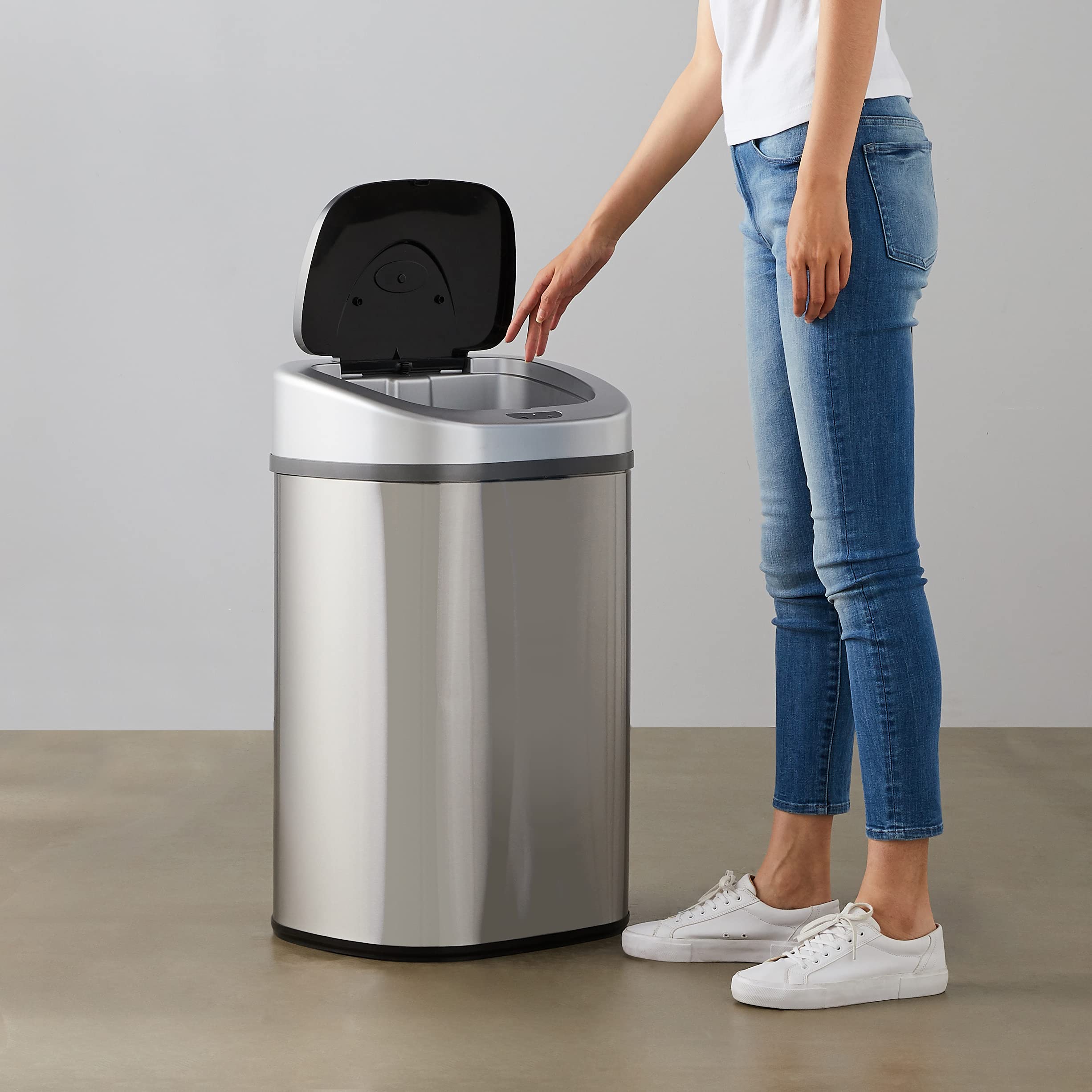 Amazon Basics Automatic Trash Can with Lid - Hands-Free Stainless Steel Sensor Garbage Bin, 80L/21.1 Gallon D-Shaped Design with 2 Compartments - Perfect for Kitchen, Office, Bathroom & Home Waste Disposal