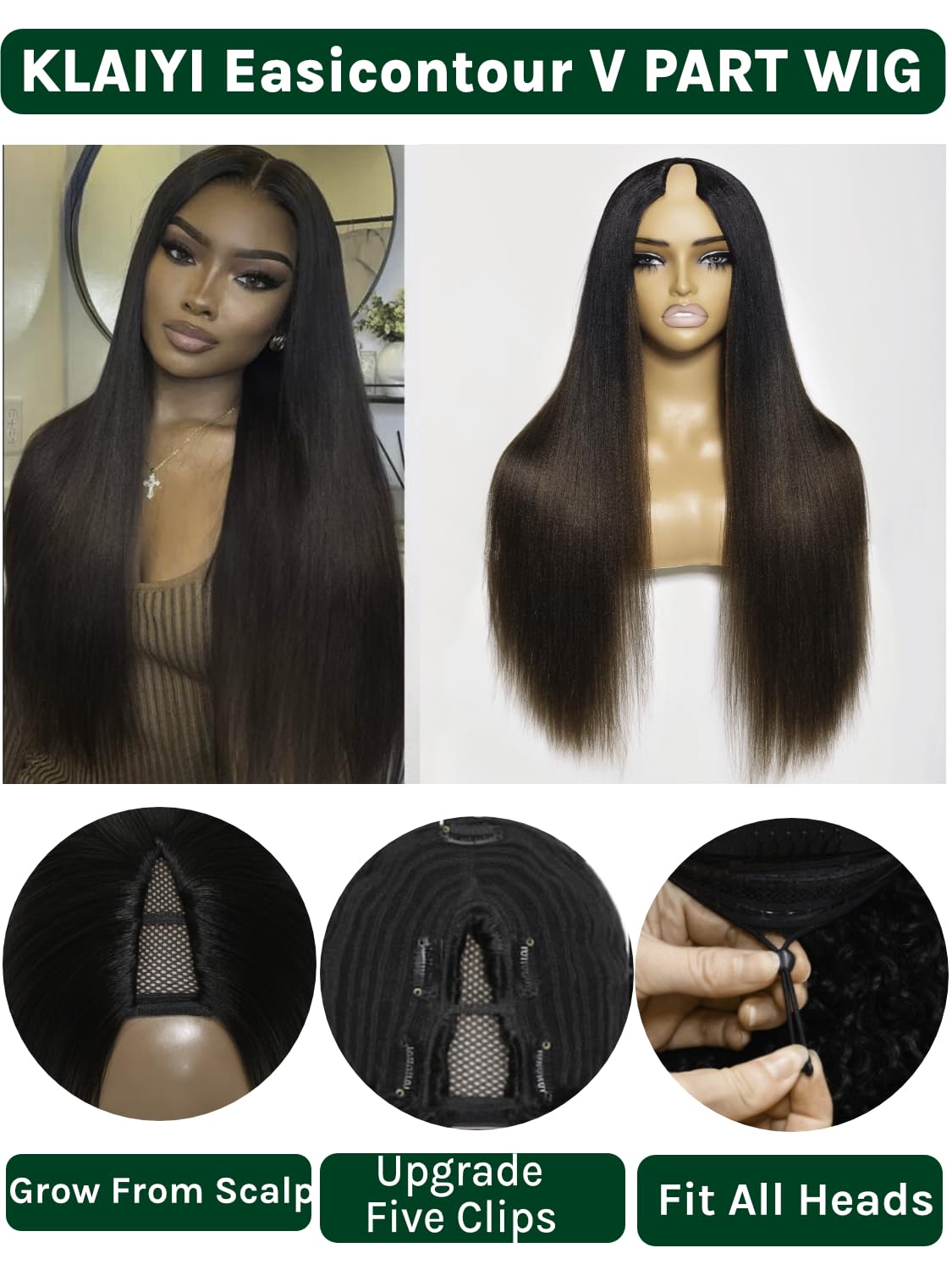 KLAIYI Ombre Brown V Part Human Hair Wig - Yaki Straight 24 Inch Glueless U Part Wig with Dark Roots, No Glue No Lace, Easy Wear & Go for Beginners | Perfect for Daily Wear, Parties, Cosplay & Protective Styling