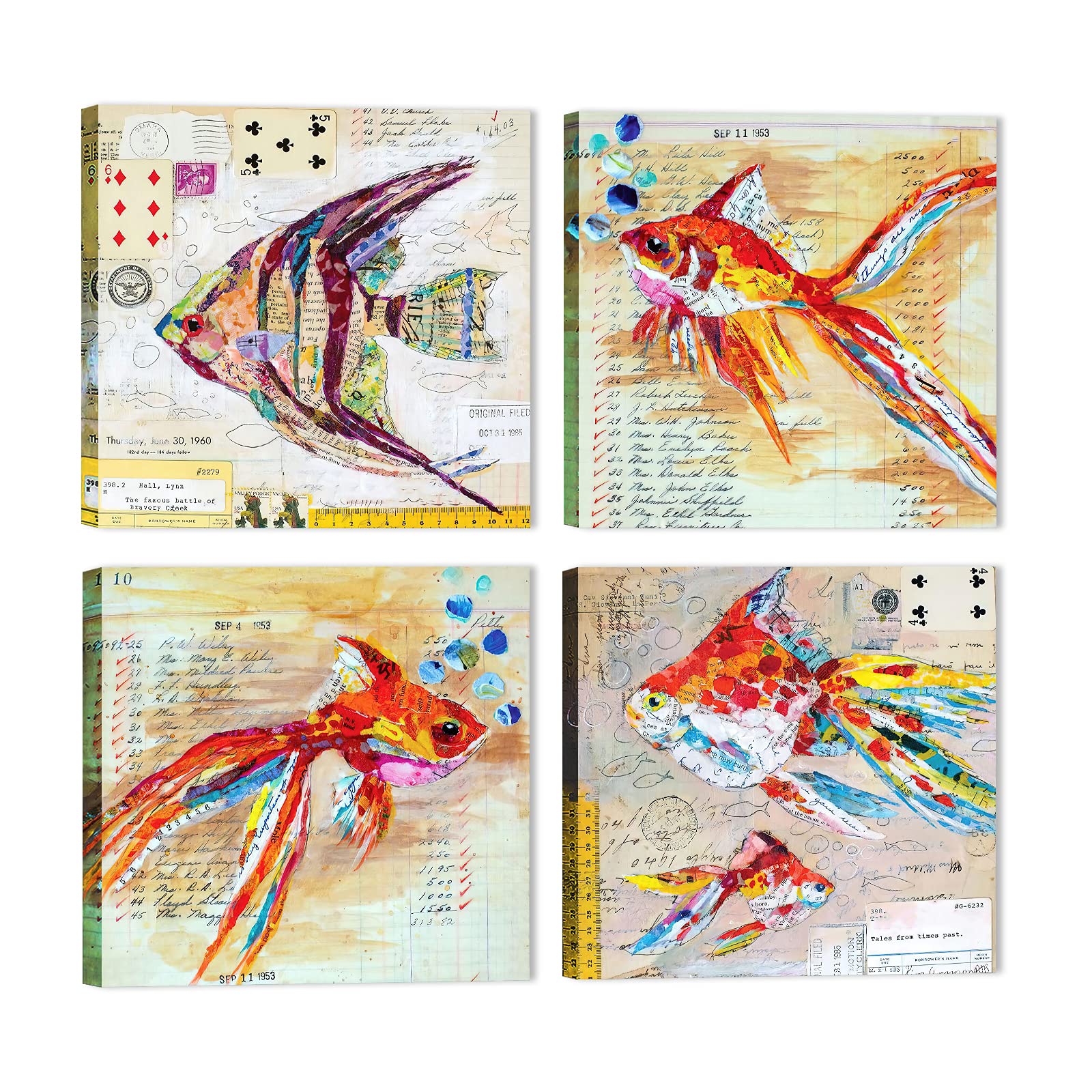 Ocean Themed Bathroom Wall Art Set - 4 Piece Colorful Fish Decor for Kids & Adults - Perfect for Coastal, Beach, or Nautical Bathroom Design