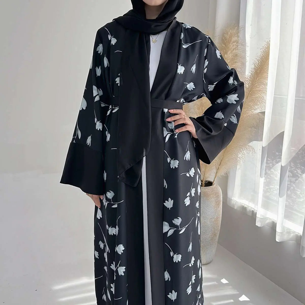 Elegant Muslim Women's Printed Open Abaya Dress - Modest Islamic Fashion for Prayer & Daily Wear