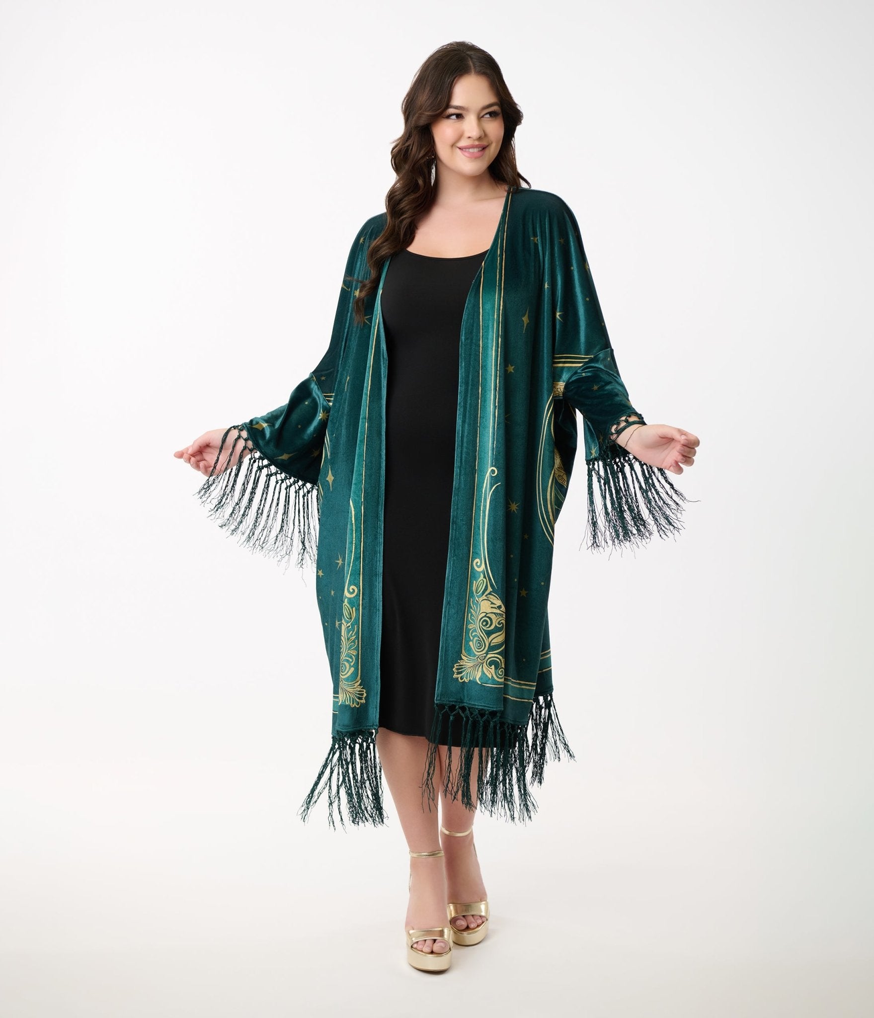 Vintage 1930s Green Art Nouveau Fringe Kimono - Elegant Retro Japanese Robe for Women, Perfect for Costume Parties, Themed Events & Boho Fashion Photography