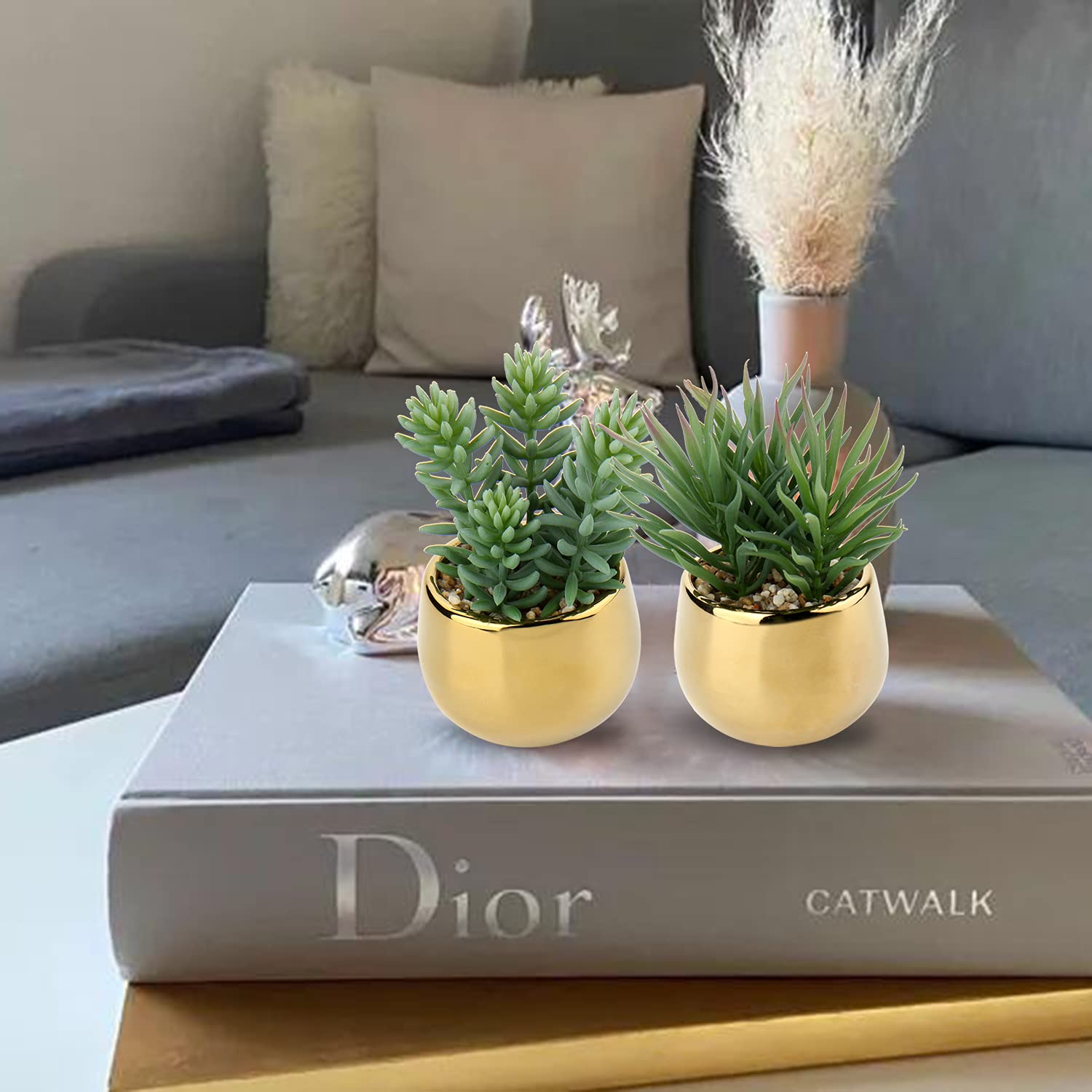Briful Set of 2 Small Artificial Succulent Plants in Gold Ceramic Pots - Realistic Faux Succulents for Home, Office & Bathroom Decor - Perfect for Table, Desk & Shelf Decoration