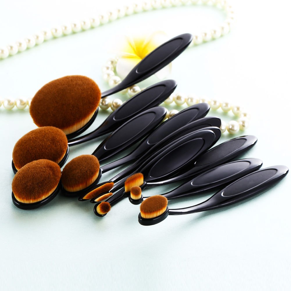 10pcs Black Toothbrush Curve Makeup Brush Set - Professional Oval Foundation Brush for Flawless Makeup Application | Perfect for Contouring, Blending & Liquid Foundation