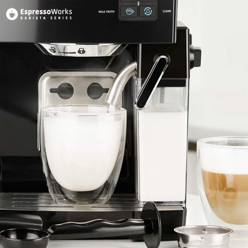 EspressoWorks 19-Bar Professional Espresso Machine with Milk Frother - 10-Piece All-in-One Coffee Maker Set for Latte, Cappuccino & Espresso (1250W, Black) - Perfect for Home Baristas, Office Coffee Breaks & Gift Giving