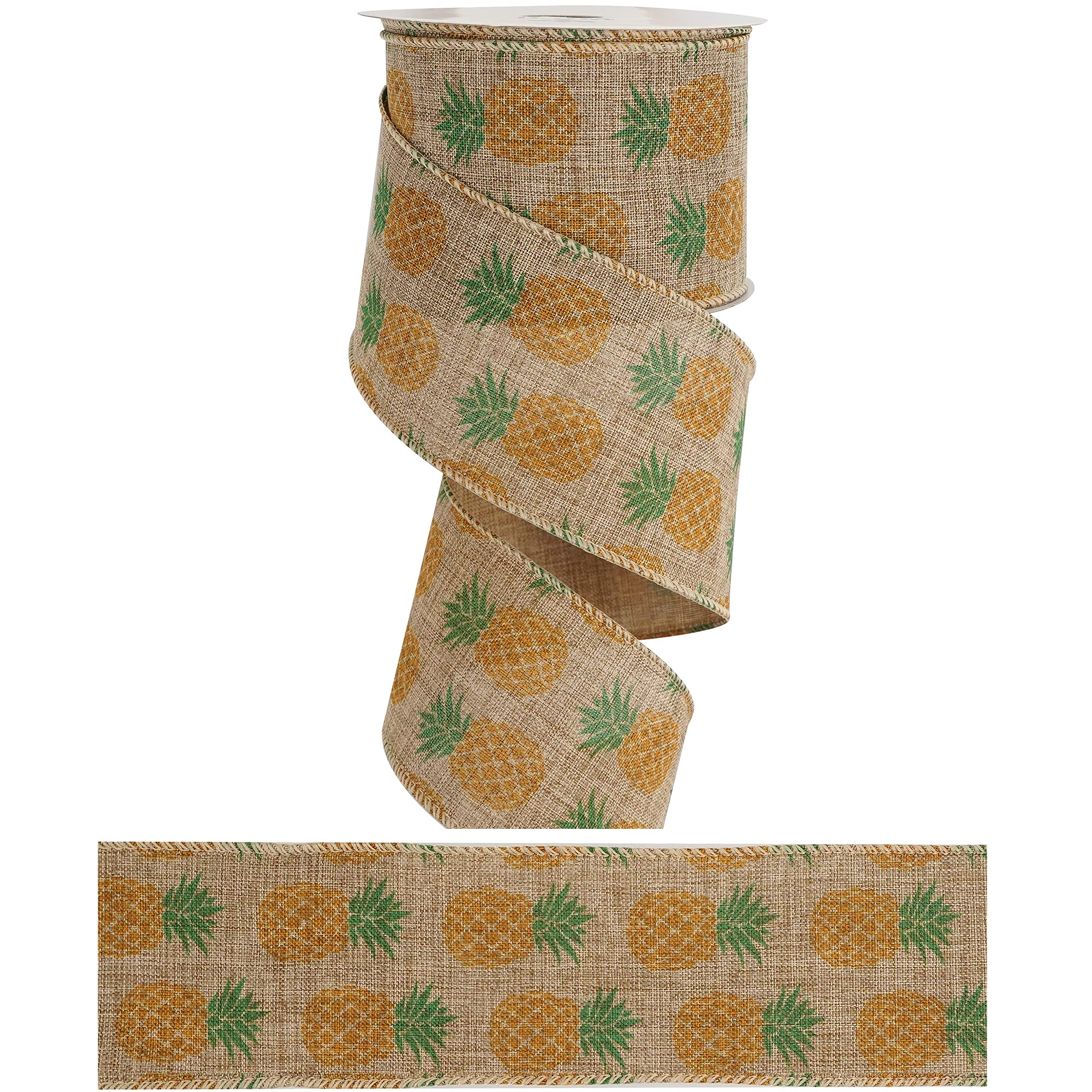 MEEDEE Pineapple Wired Burlap Ribbon - 10 Yards Rustic Summer Decor for Wreaths, Pineapple Themed Parties, Luau, Aloha, Hawaiian Birthday & Outdoor Decorations - Perfect for Tropical, Beach, Palm Tree & Summer Party Scenes