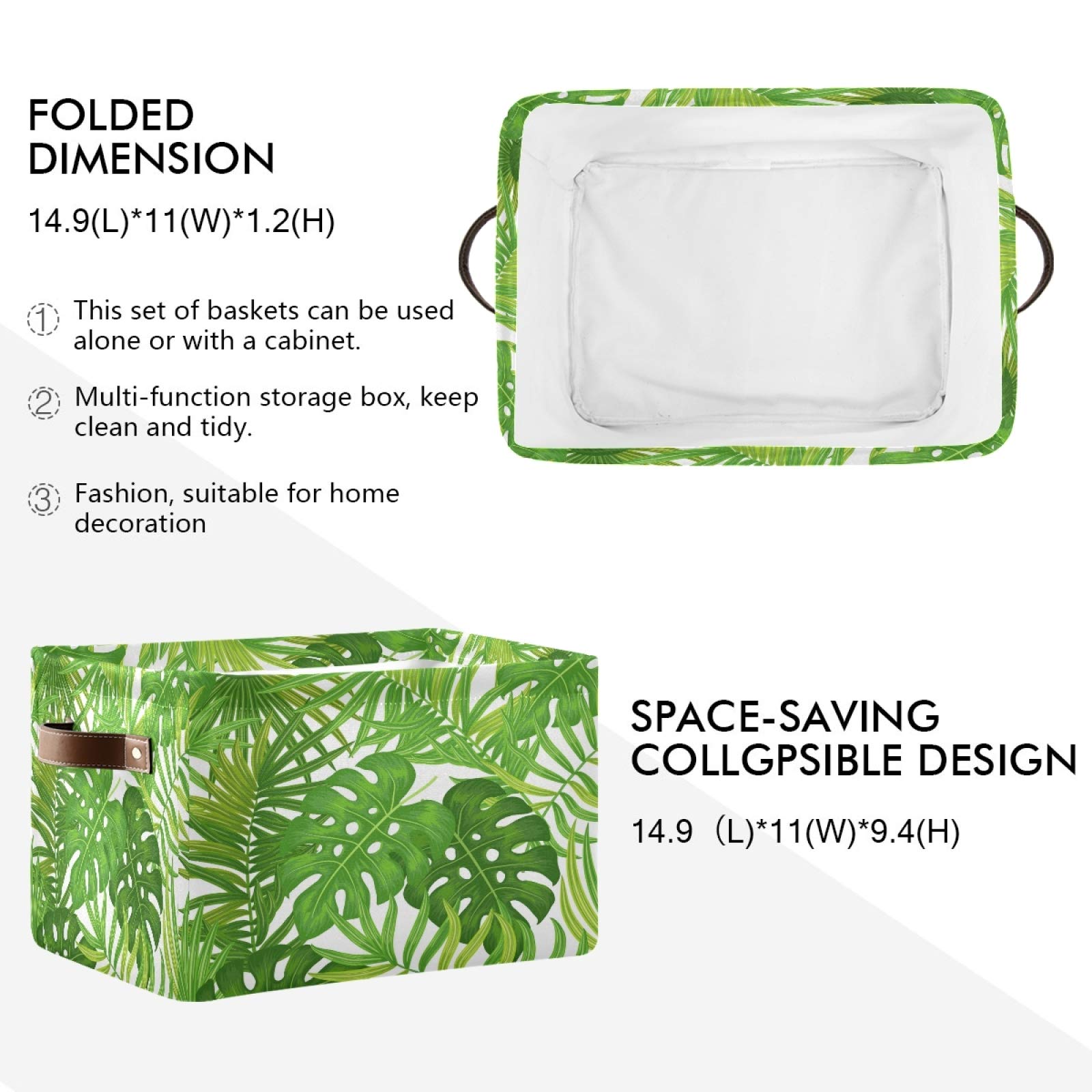 AUUXVA Collapsible Storage Basket with Handles - Tropical Palm Tree & Monstera Leaf Pattern Canvas Organizer Bin for Toys, Clothes & Home Decor | Perfect for Bedroom, Closet, Shelf & Office Organization