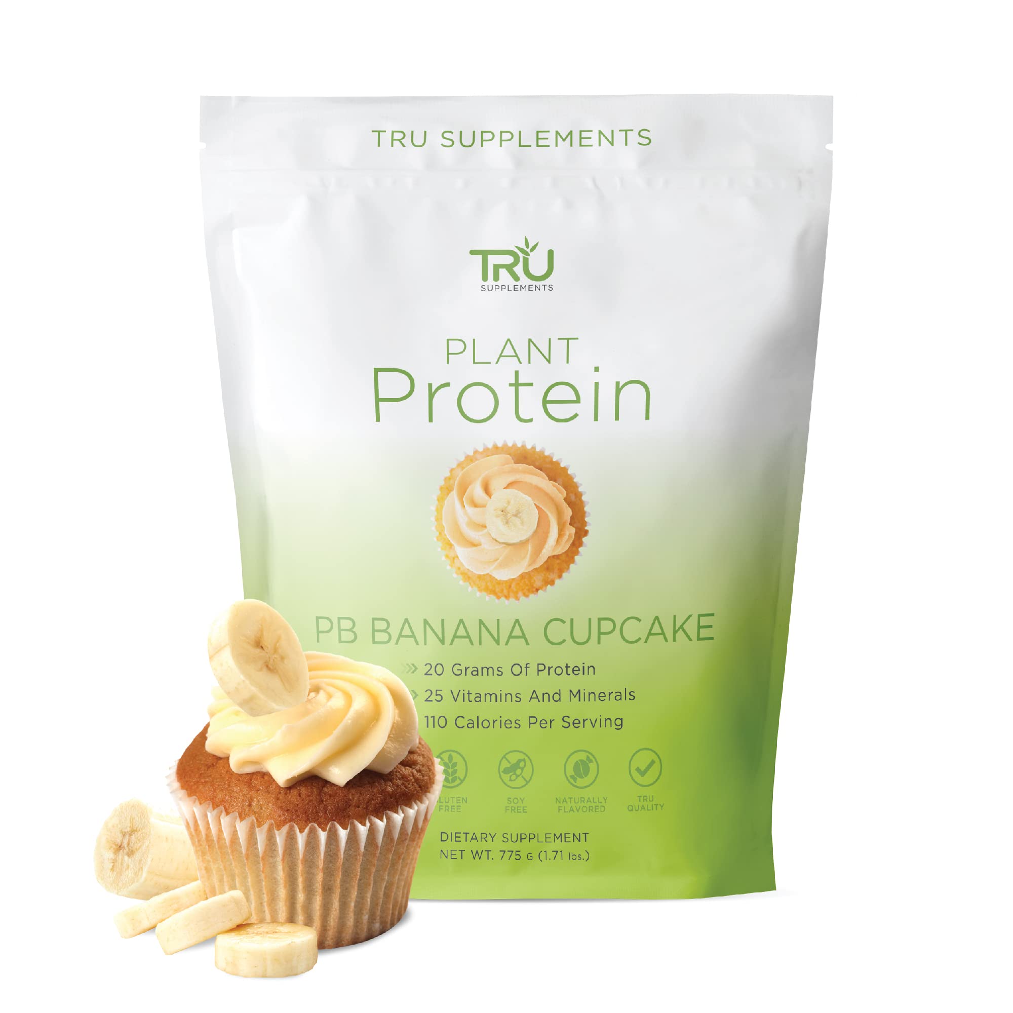 TRU Plant Based Protein Powder - Vegan BCAA & EAA Supplement with 20g Protein, 100 Calories, 27 Vitamins | No Artificial Sweeteners | 25 Servings (Peanut Butter Banana Cupcake) for Post-Workout Recovery & Muscle Growth