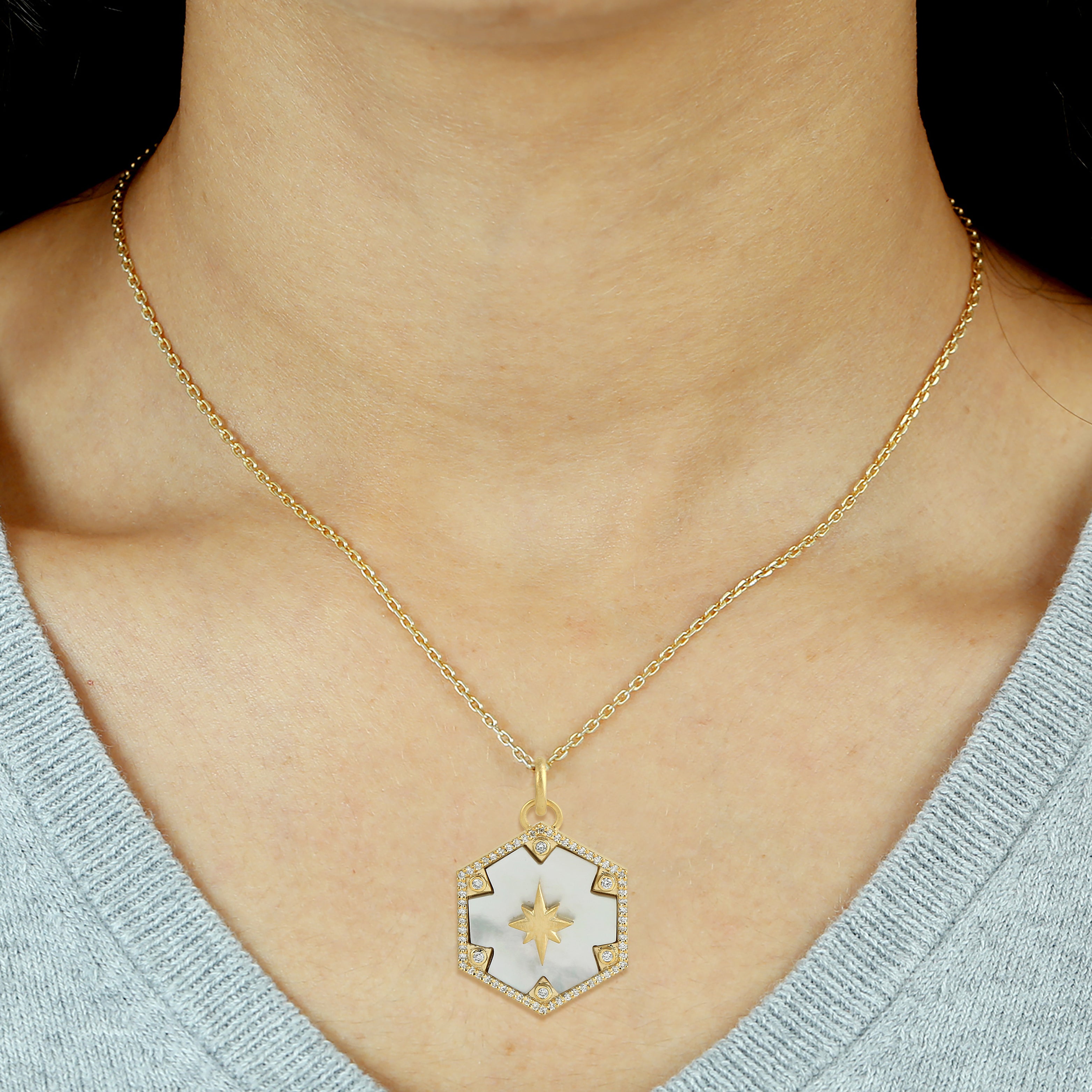 14K Yellow Gold MOP Pave Diamond Shooting Star Hexagon Pendant Necklace - Elegant Jewelry Gift for Women, Perfect for Anniversaries, Birthdays & Special Occasions