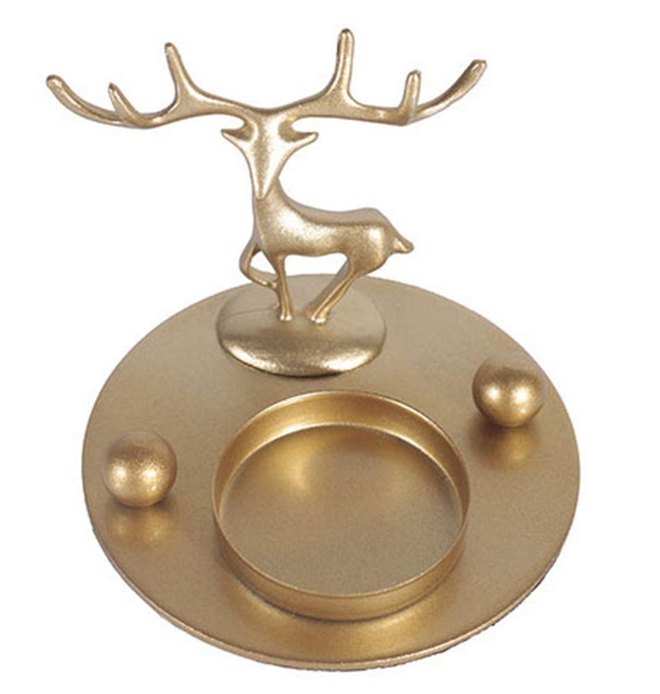 Liveinu Rustic Iron Plate Candle Holder - Decorative Iron Pillar Candle Stand for LED & Wax Candles, Incense Cones - Perfect for Spa, Weddings, Home Decor (Gold Elk Design)