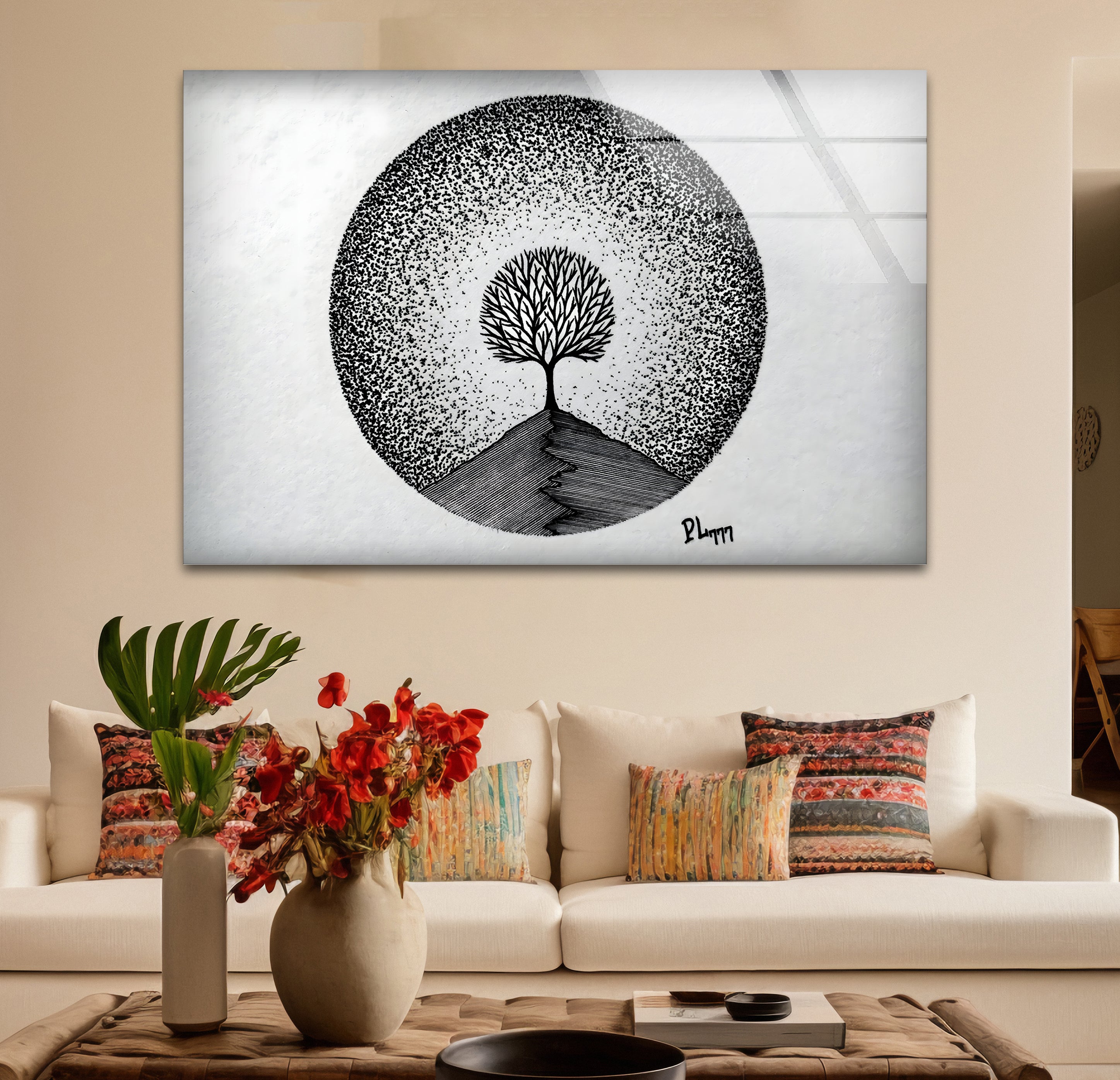 Modern Black and White Tree Drawing Glass Wall Art - Elegant Home Decor for Living Room, Bedroom, or Office
