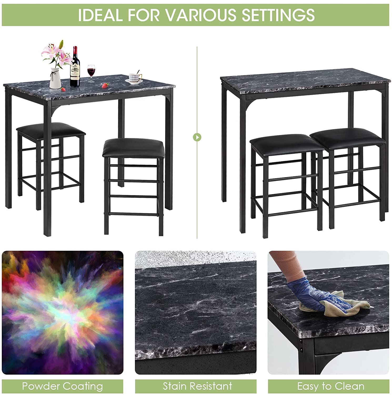 FANTASK 3-Piece Counter Height Dining Table Set for 2 - Small Kitchen Table with 2 Faux Leather Backless Stools - Space-Saving Design for Apartments, Kitchens & Bars (Black) - Perfect for Breakfast Nooks, Small Dining Areas & Studio Apartments