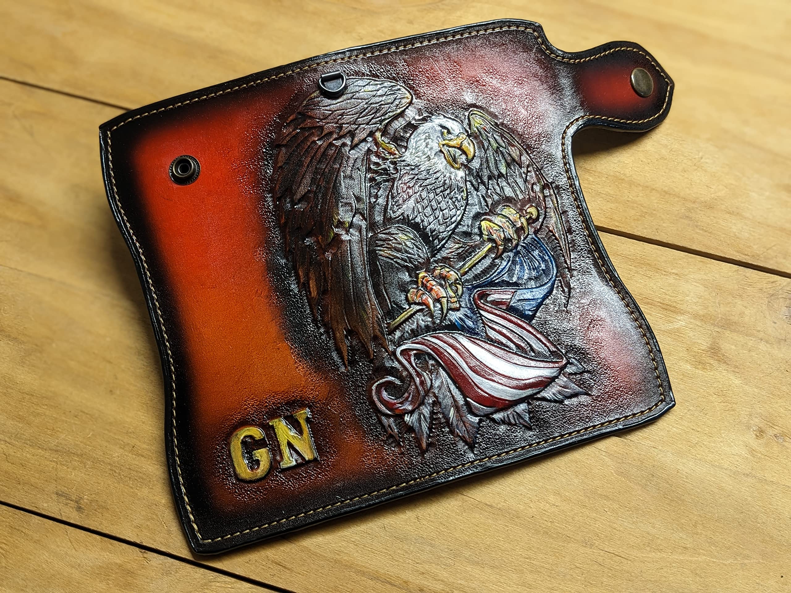 **Handcrafted 3D Genuine Leather Wallet for Men – Biker Wallet with Hand-Carved Bald Eagle & USA Flag Design – Custom Personalized Long Wallet for Everyday Use & Patriotic Gifts**
