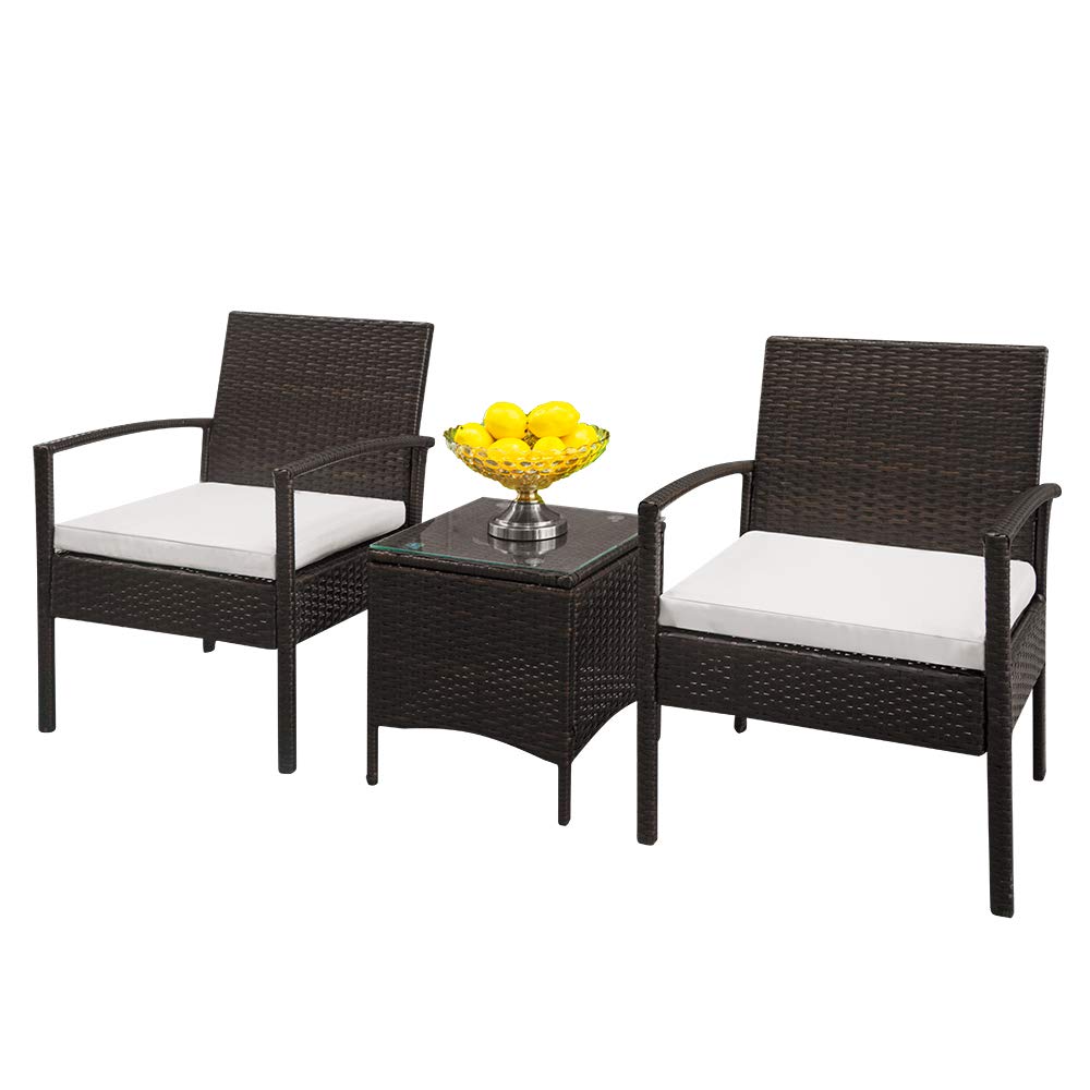 3-Piece Wicker Patio Furniture Set - PE Rattan Outdoor Conversation Set with Glass Table & Cushions for Patio, Balcony, Porch (Brown Gradient & White) - Perfect for Backyard Relaxation, Garden Parties & Outdoor Entertaining