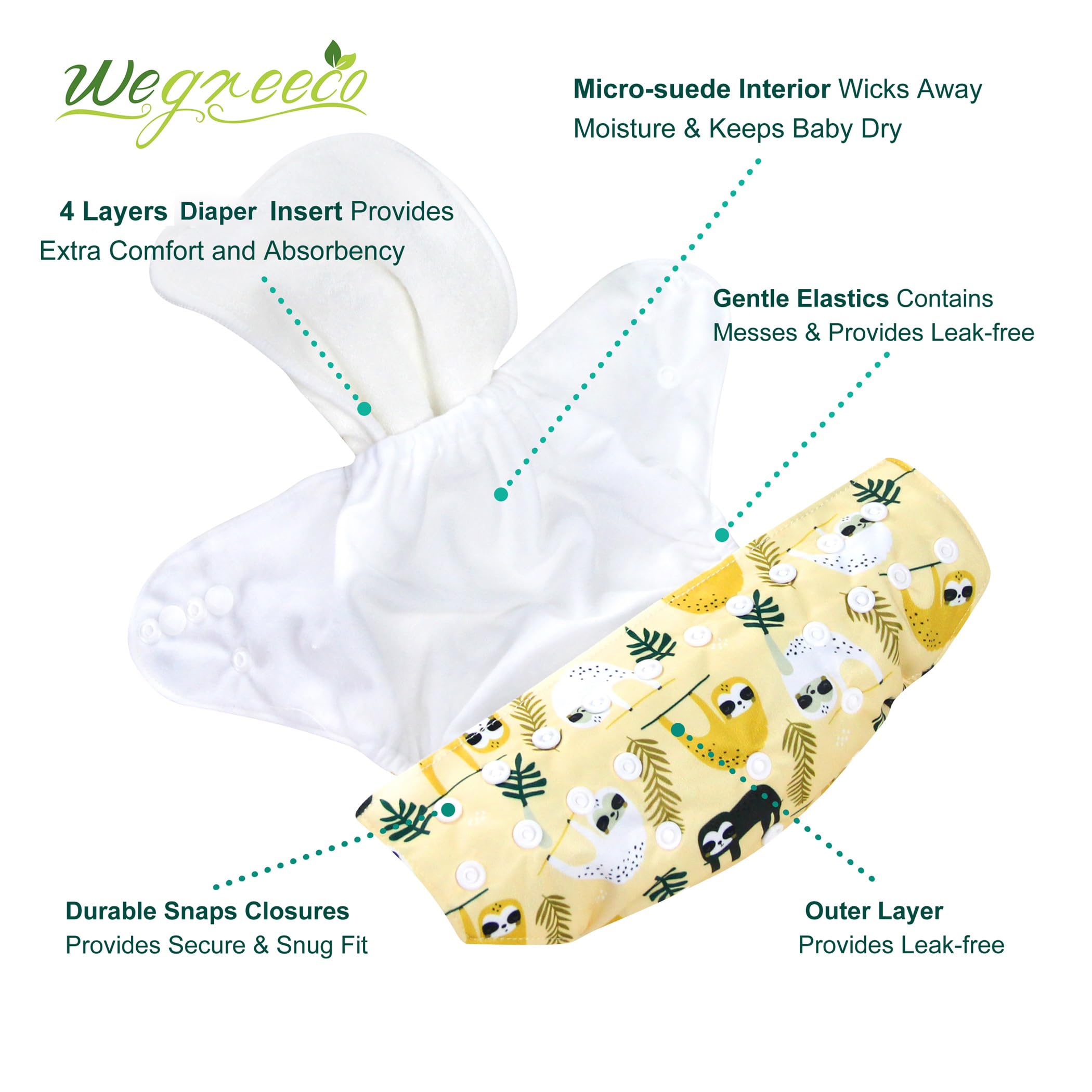 Wegreeco 6 Pack Reusable Cloth Diapers with Inserts & Wet Bag - Adjustable One Size Washable Baby Diapers for Boys & Girls (Animal Print) - Perfect for Daycare, Travel & Eco-Friendly Parenting