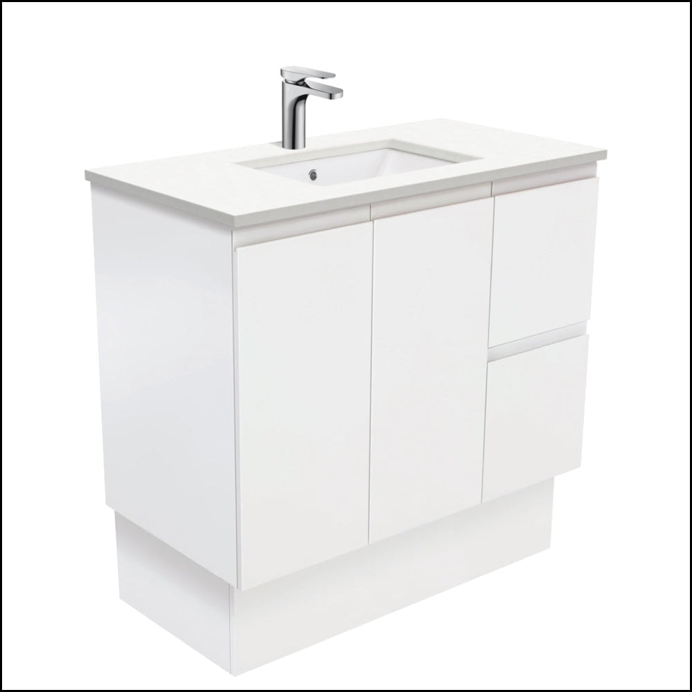 Fienza 900mm SC90ZKR Crystal Pure Undermount Stone Top Vanity Unit with Fingerpull & Kickboard - Satin White, Right Drawers - Perfect for Modern Bathroom Renovation & Home Upgrade
