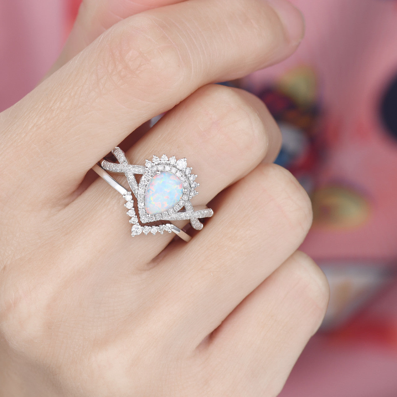 Vintage Opal Diamond Engagement Ring Set - 14K White Gold Pear Shaped Wedding Band for Women - Perfect for Proposals, Anniversaries & Bridal Jewelry
