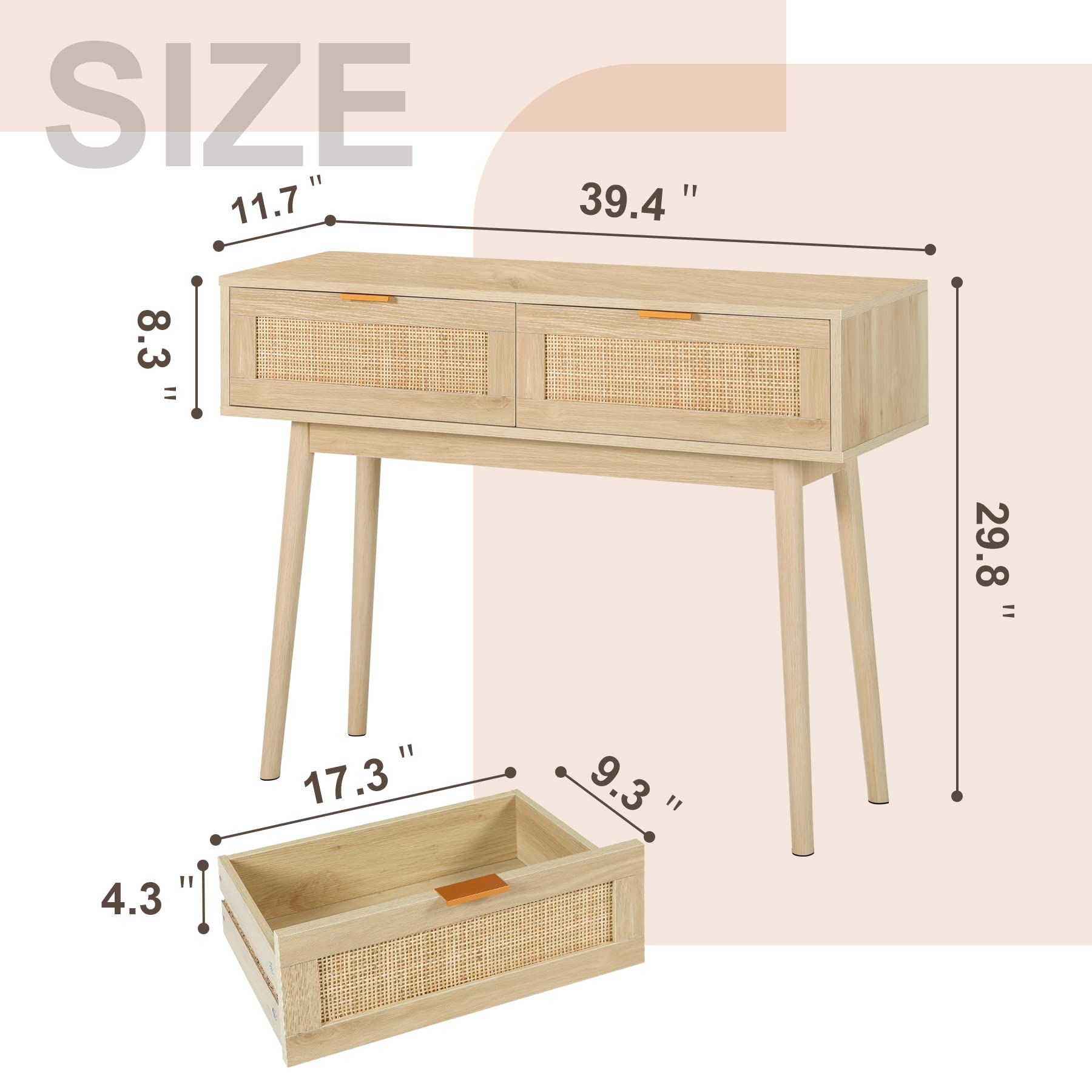 Rattan Console Table with 2 Drawers - Narrow Entryway Sofa Table with Storage for Hallway, Living Room & Bedroom - Natural Wood Accent Furniture for Behind Couch & Small Spaces
