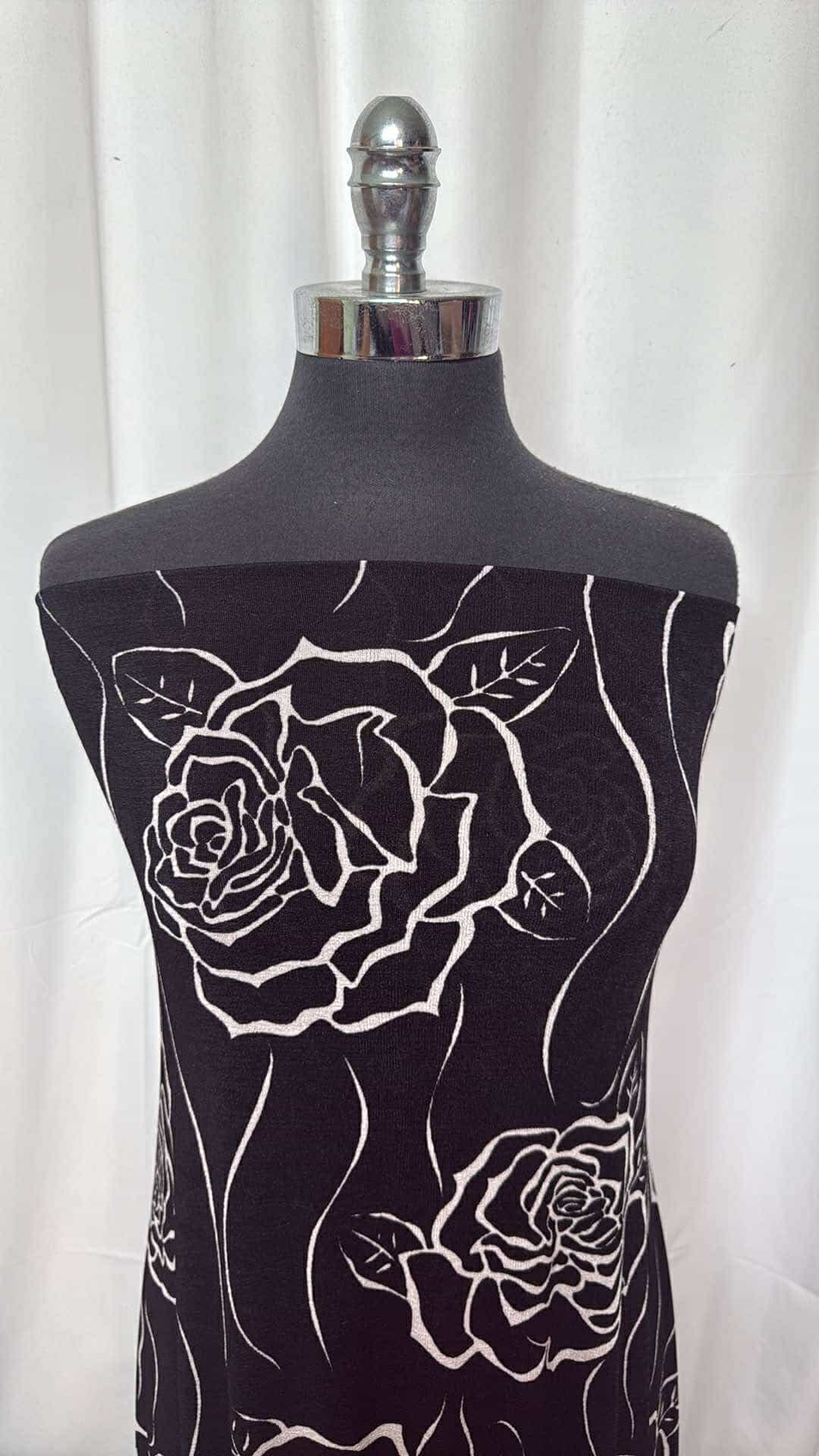 Black & White Roses Slinky Fabric - 2 Yard Cut for DIY Dresses, Scarves & Home Decor