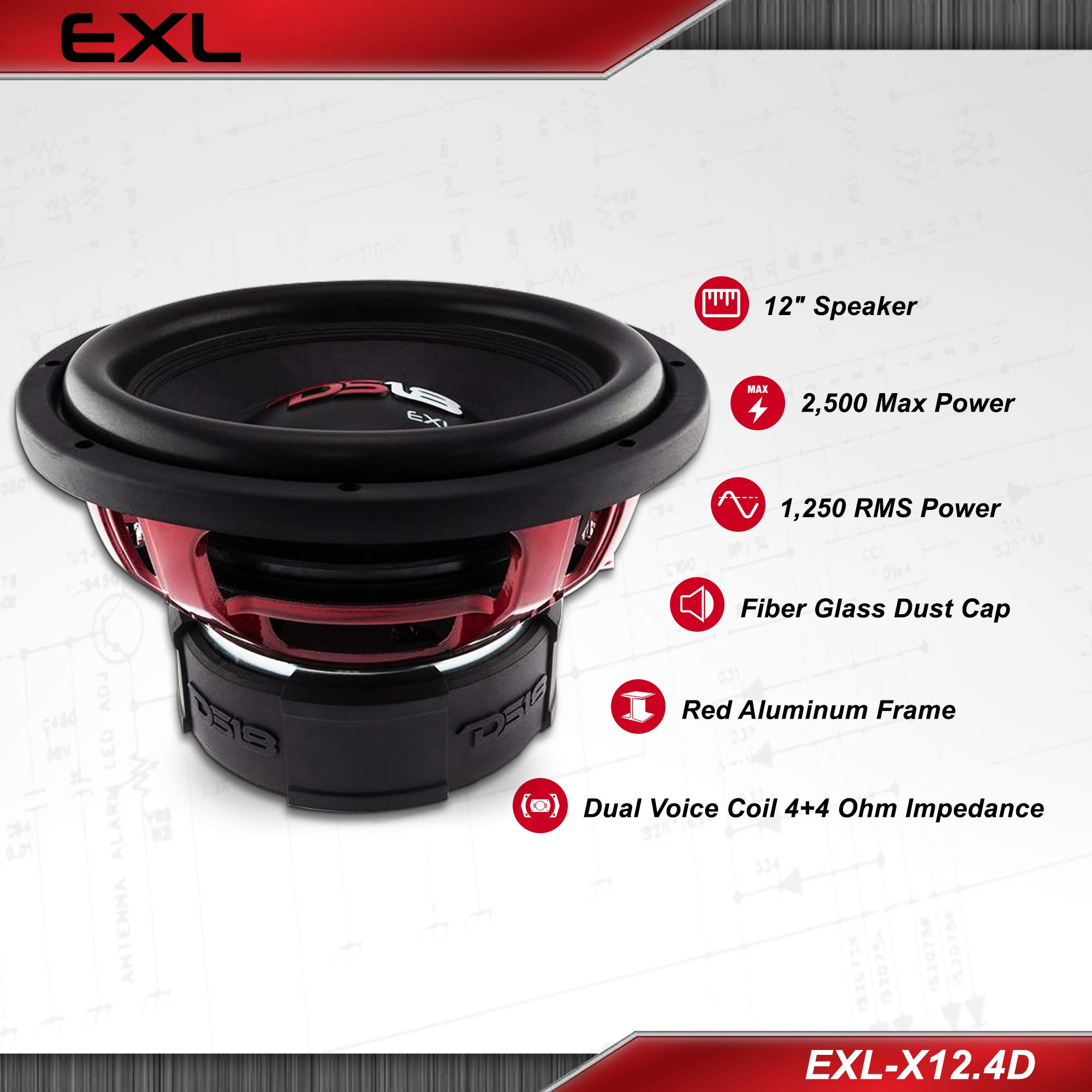 DS18 EXL-X12.4D 12-Inch Car Subwoofer Speaker - 2500W Max Power, 1250W RMS, Dual 4 Ohm Voice Coil, Fiber Glass Dust Cap & Red Aluminum Frame - Premium Bass for Car Audio Systems, Home Theater, and DJ Setups