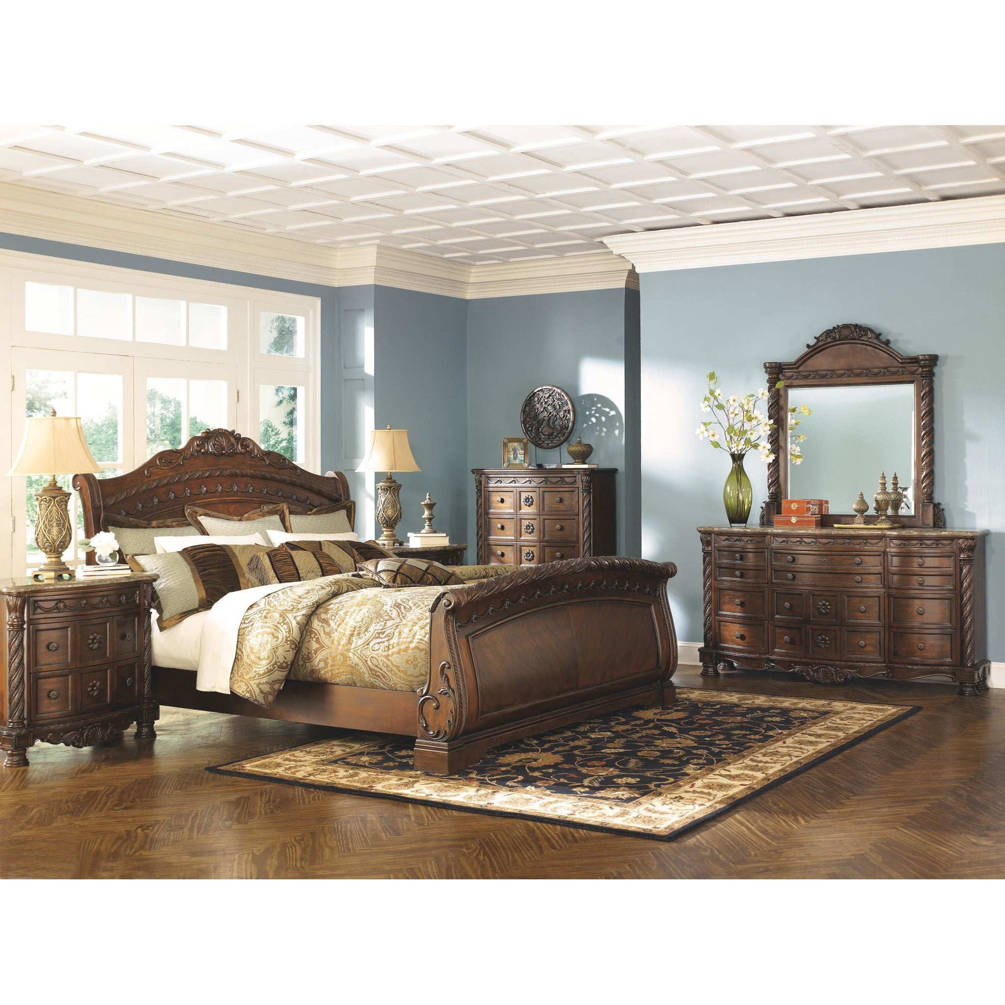 Ashley North Shore 3-Piece Sleigh Bed Set - Queen Size Wooden Bed Frame with Headboard & Footboard - Classic Elegant Bedroom Furniture for Master Suite or Guest Room