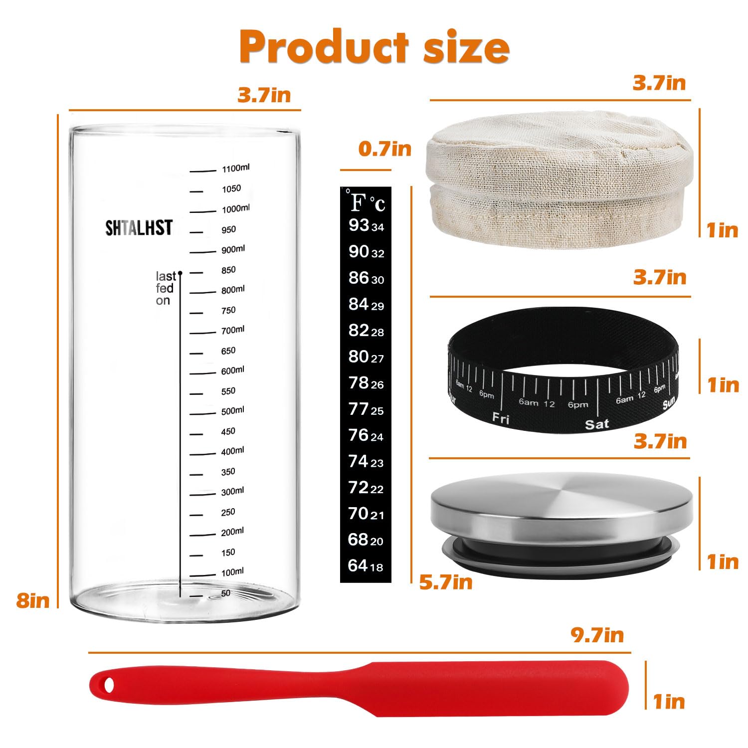 Sourdough Starter Kit - 1100ml/39Oz Glass Jar with Stainless Steel Lid, Thermometer & Silicone Scraper | Includes Cloth Cover & Date Marked Feeding Band (2 Pack) | Perfect for Homemade Bread Baking, Artisan Sourdough & Fermentation