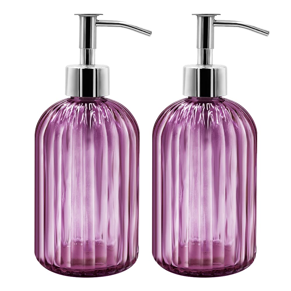2 Pack Glass Soap Dispenser with Pump - 400ml Refillable Liquid Container for Dish Soap, Shampoo & Lotion | Elegant Purple Design for Kitchen, Bathroom & Laundry Room Organization