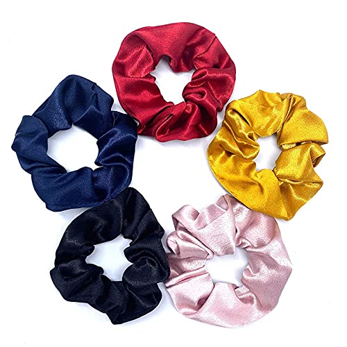 CHIROGRAPHY 5 Pack Large Silk Scrunchies for Women & Girls - Soft Elastic Hair Ties, No-Slip Hair Bands in 5 Colors - Perfect for Workouts, Office, and Everyday Styling