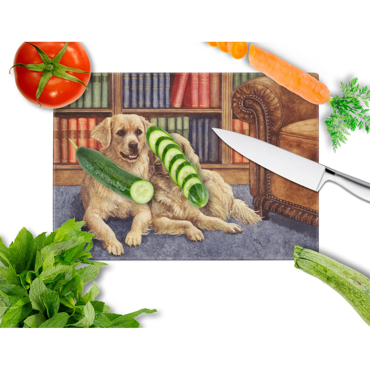 Golden Retriever Library-Themed Tempered Glass Cutting Board - Large Decorative Kitchen Chopping & Serving Board for Baking, Entertaining & Home Decor | Durable Scratch-Resistant Surface