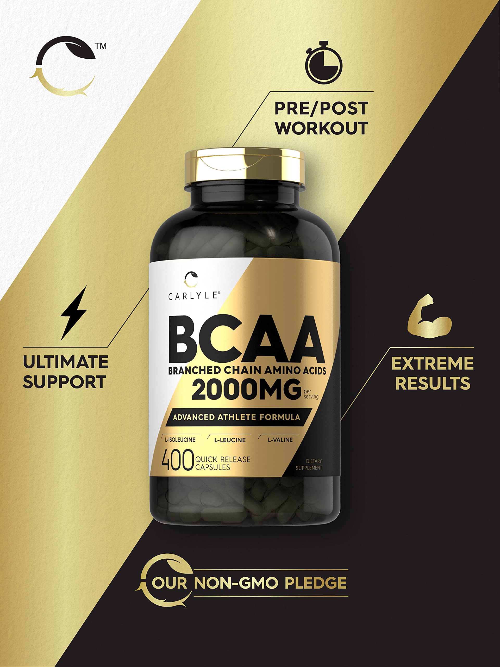 Carlyle BCAA Amino Acids 2000mg Capsules | 400 Count | Non-GMO, Gluten Free Branched Chain Amino Acid Supplement for Muscle Recovery & Workout Performance | Pre & Post Workout, Bodybuilding, Fitness