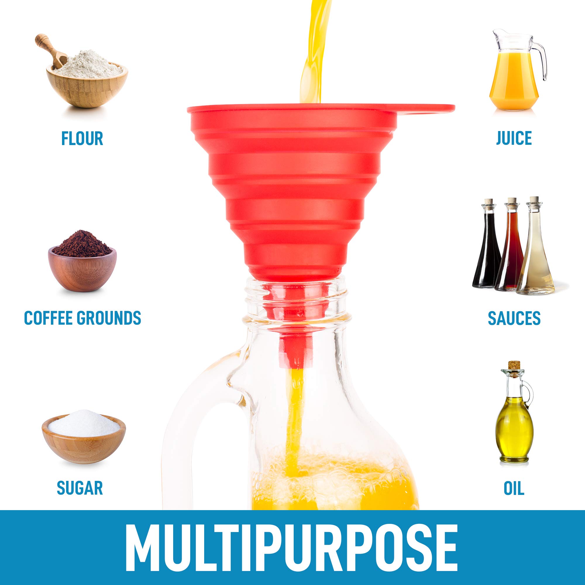 Zulay Premium Silicone Funnel Set of 4 (2 Small + 2 Large) - Collapsible Space Saving Kitchen Funnels with Narrow Mouth for Liquids, Oils, Sauces - Flexible & Durable for Bottle Filling, Baking, Canning, Home Brewing & DIY Projects