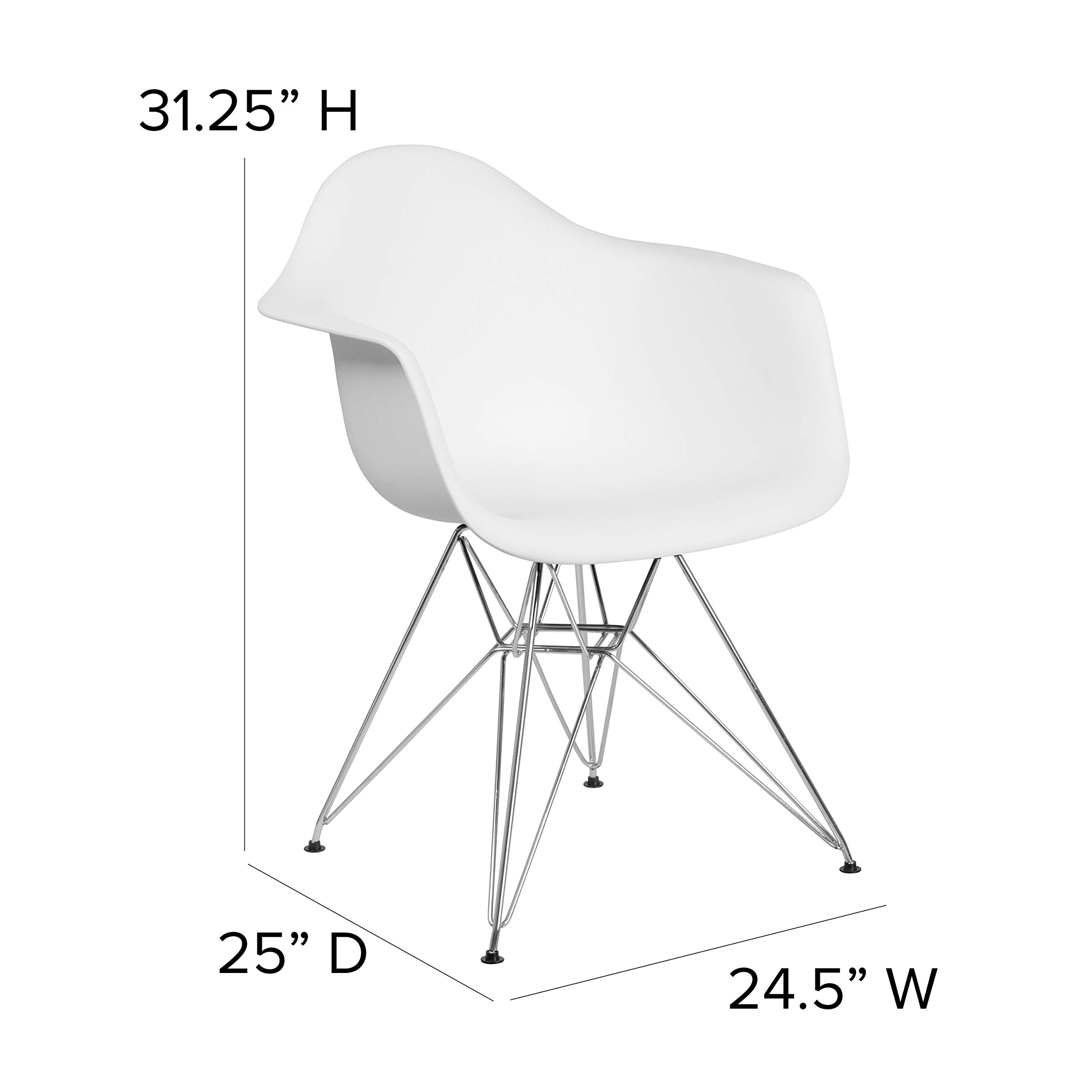 2 Pack White Plastic Arm Chairs with Chrome Base - Modern Accent & Side Chairs for Dining Room, Kitchen, Office or Outdoor Patio
