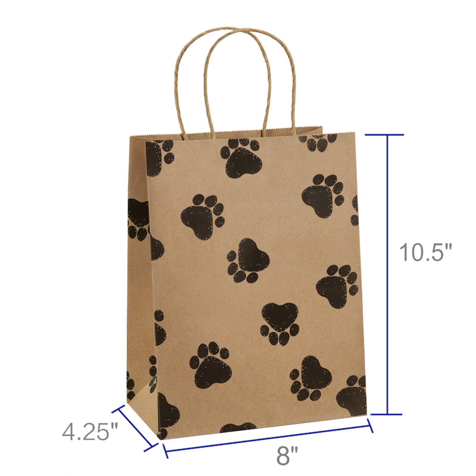 25Pcs 8x4.25x10.5 Inches Brown Kraft Gift Bags with Handles - Eco-Friendly Shopping Bags for Retail, Holiday Parties & Pet Lovers - Dog Paw Print Design for Birthday, Wedding & Christmas Gifts