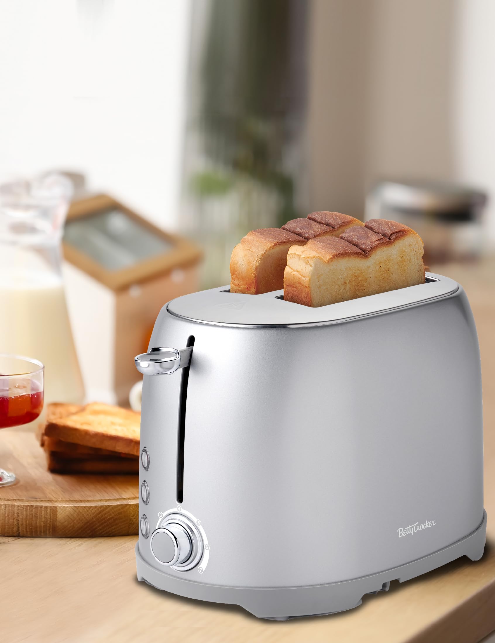 Betty Crocker 2-Slice Multi-Function Toaster with Extra Wide Slots - Perfect for Thick Bread, Bagels & Waffles - Adjustable Toast Shade Control & Slide-Out Crumb Tray - Silver - Ideal for Breakfast, Brunch & Quick Snacks at Home or Office