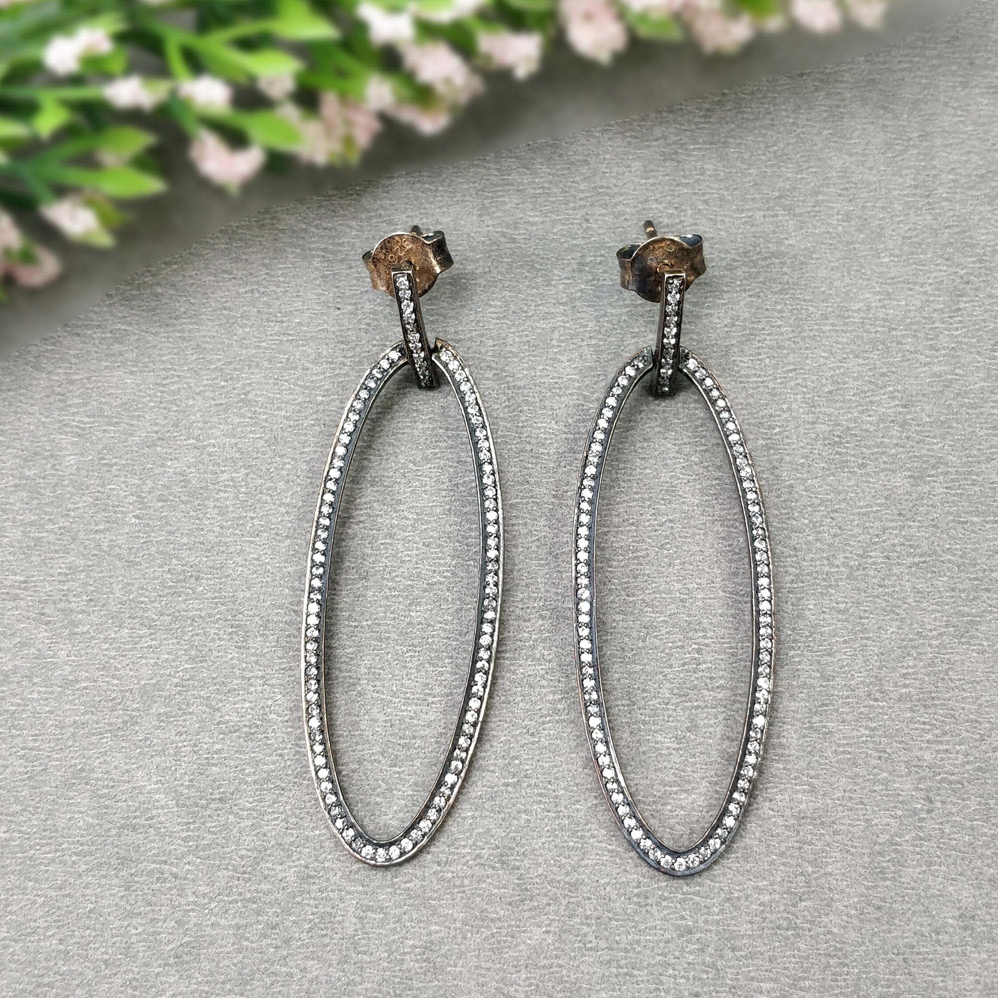Cubic Zirconia 925 Sterling Silver Victorian Hoop Earrings - 2.5 Inch Oval Bezel Set Push Back Fashion Jewelry (5.40g) for Women, Bridal, Party & Everyday Wear