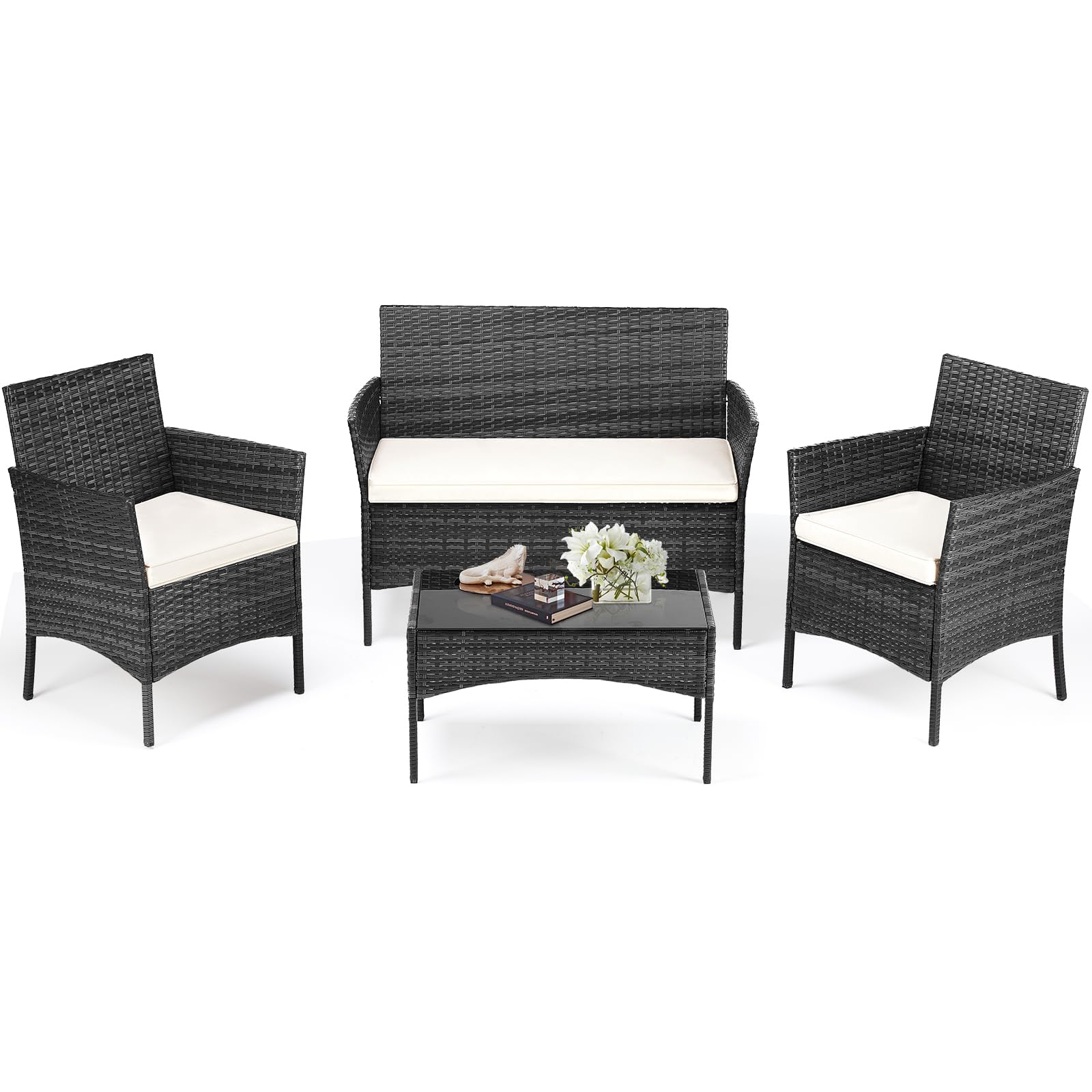 DUMOS 4-Piece Outdoor Patio Furniture Set - Modern Wicker Rattan Sofa & Coffee Table Conversation Set for Garden, Terrace, Porch, Balcony - Weather-Resistant Black & Beige Design | Perfect for Backyard Relaxation, Poolside Lounging & Outdoor Entertaining