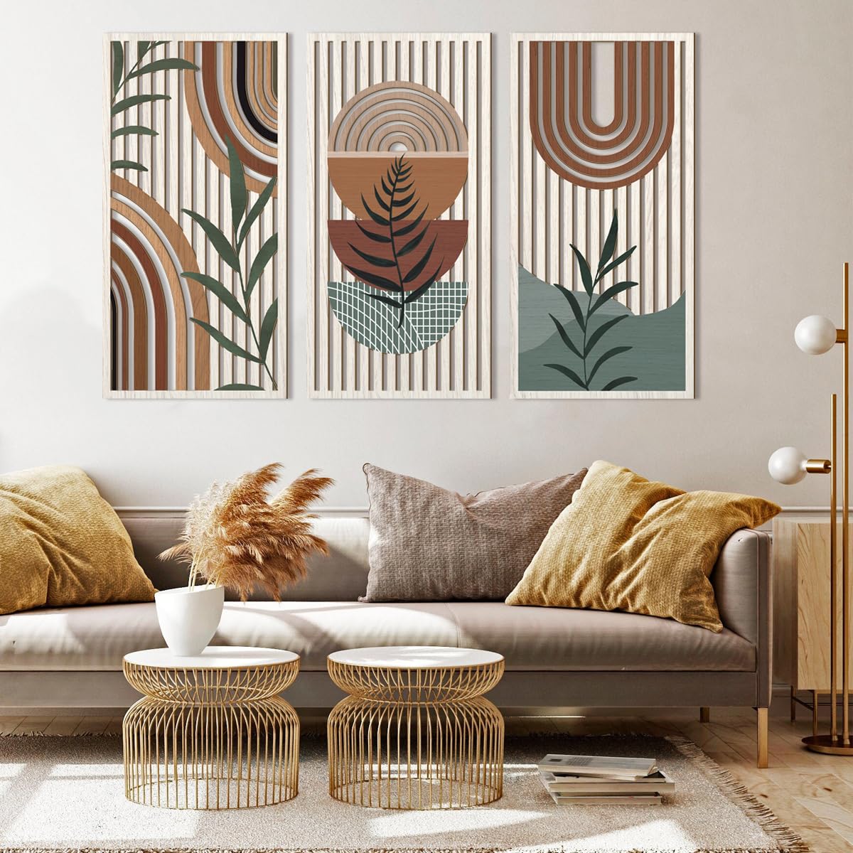 Large Abstract Geometric Wood Boho Wall Art Set - Mid Century Modern Wooden Wall Decor for Bedroom, Living Room & Office - 16