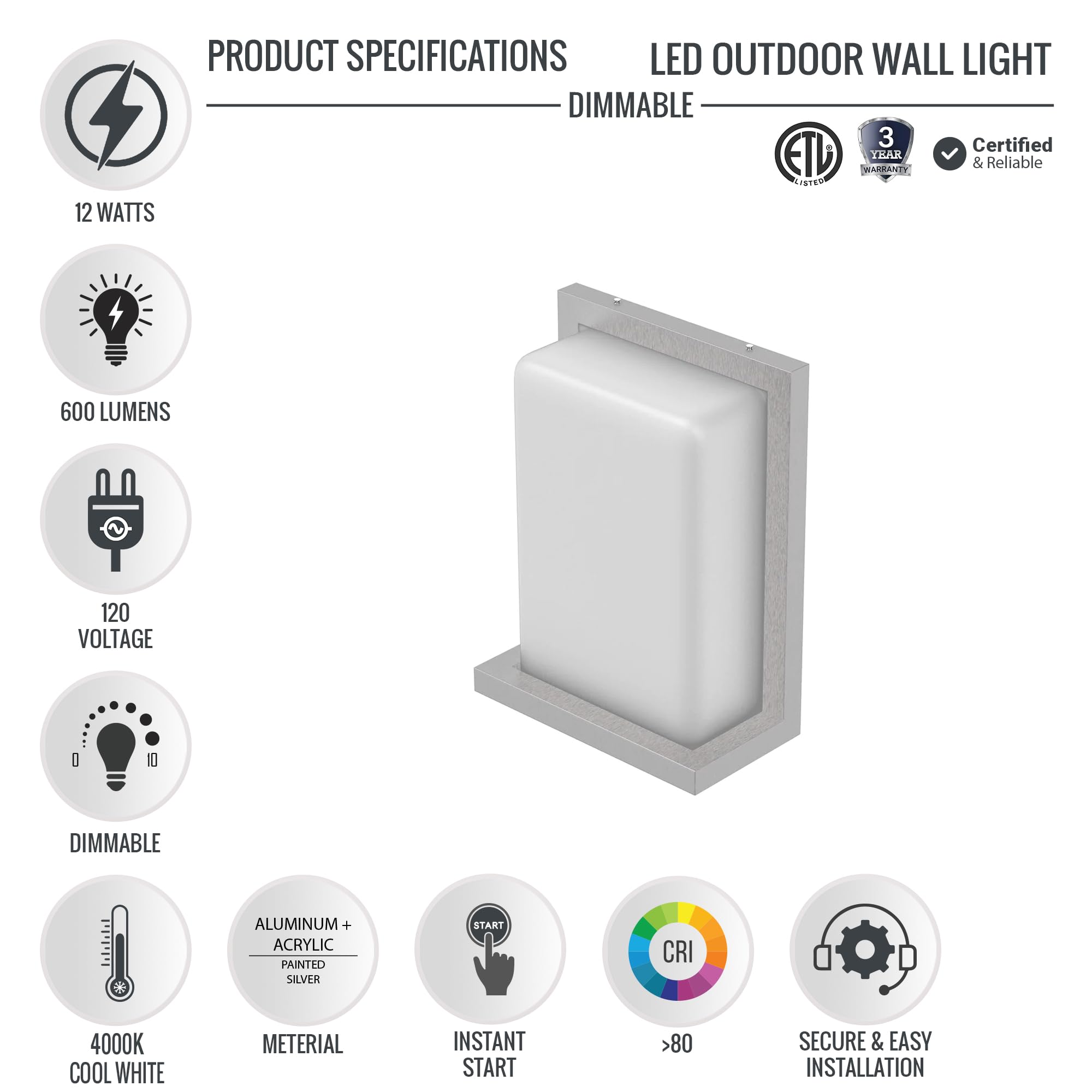 LEDMyplace 12W Outdoor Wall Light Fixtures - 5000K Cool White, 600 Lumens, Silver Finish Waterproof Porch Lights for House Front Door, Patio & Entryway | Perfect for Exterior Lighting, Home Security & Landscape Illumination